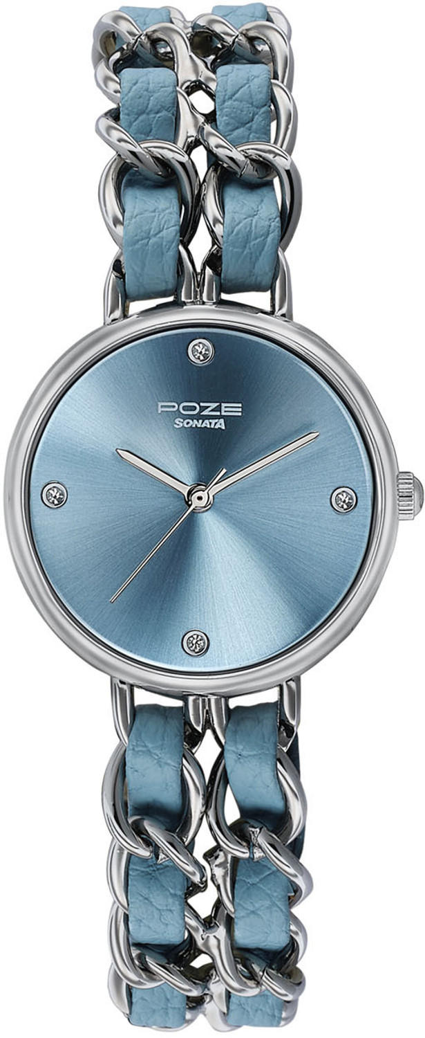 Image of SONATA Poze Drop 9.2 Poze 9 Quartz Blue Dial IPS+BLUE Metal+ Leather Strap Analog Watch - For Women