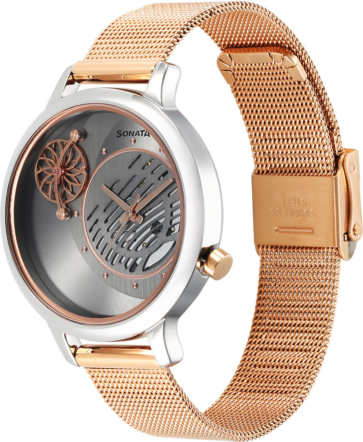 Image of SONATA Unveil- 3.0 Sonata Unveil Anthracite Dial Rose Gold Stainless Steel Strap Analog Watch - For Women