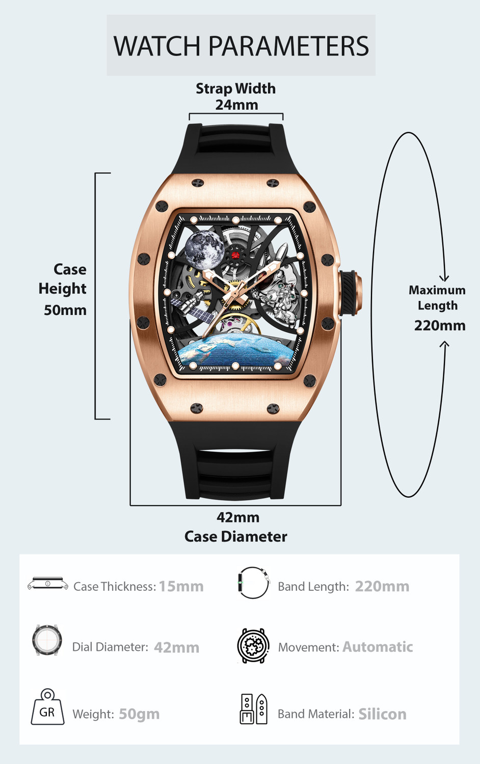 Image of Alix AL2930 Rose Gold Tonneau Case with Astronaut & Moon Motif Black Silicone Strap Analog Watch - For Men