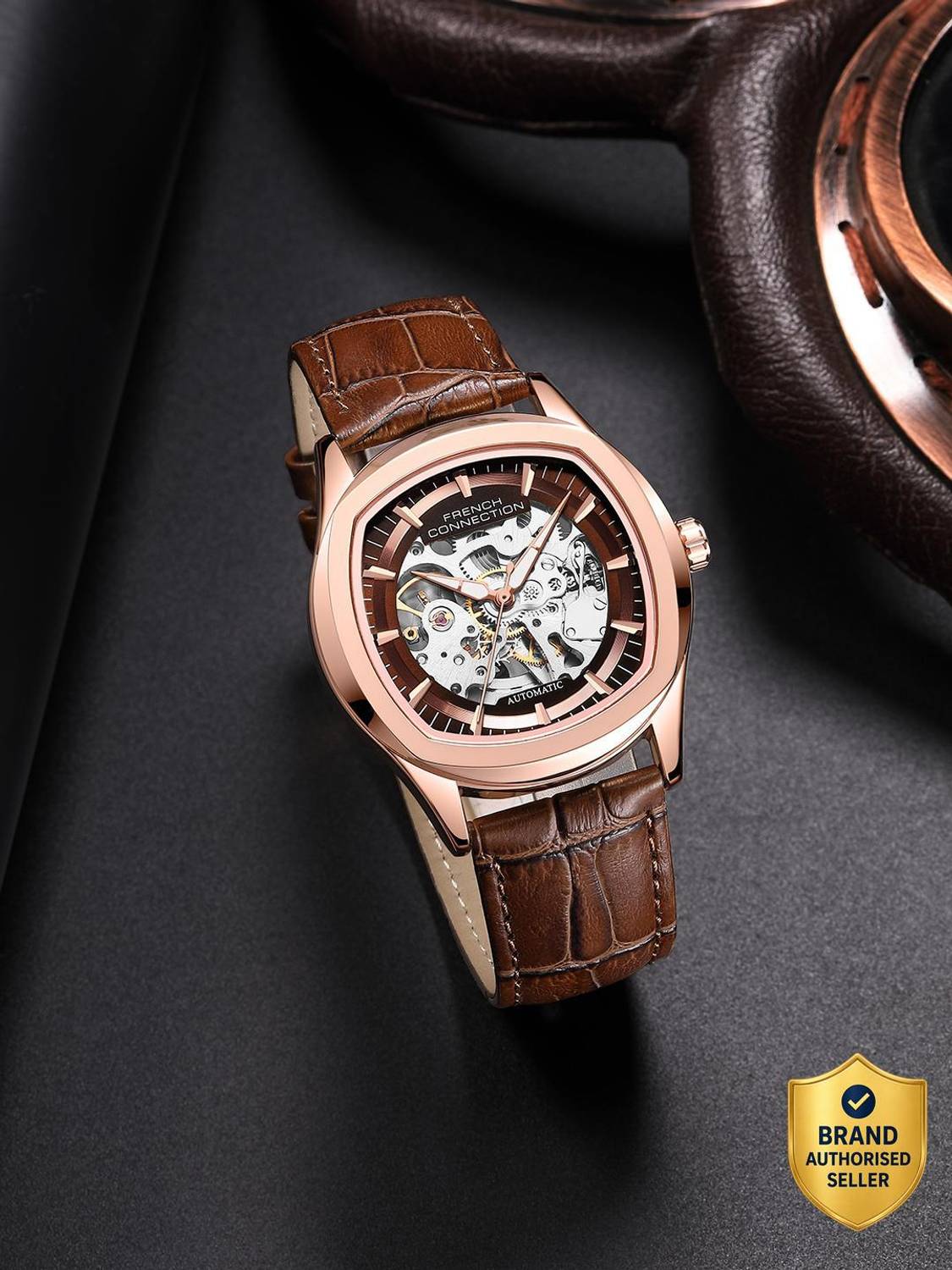French Connection Brown Skeleton Round Dial Watch - Image 1