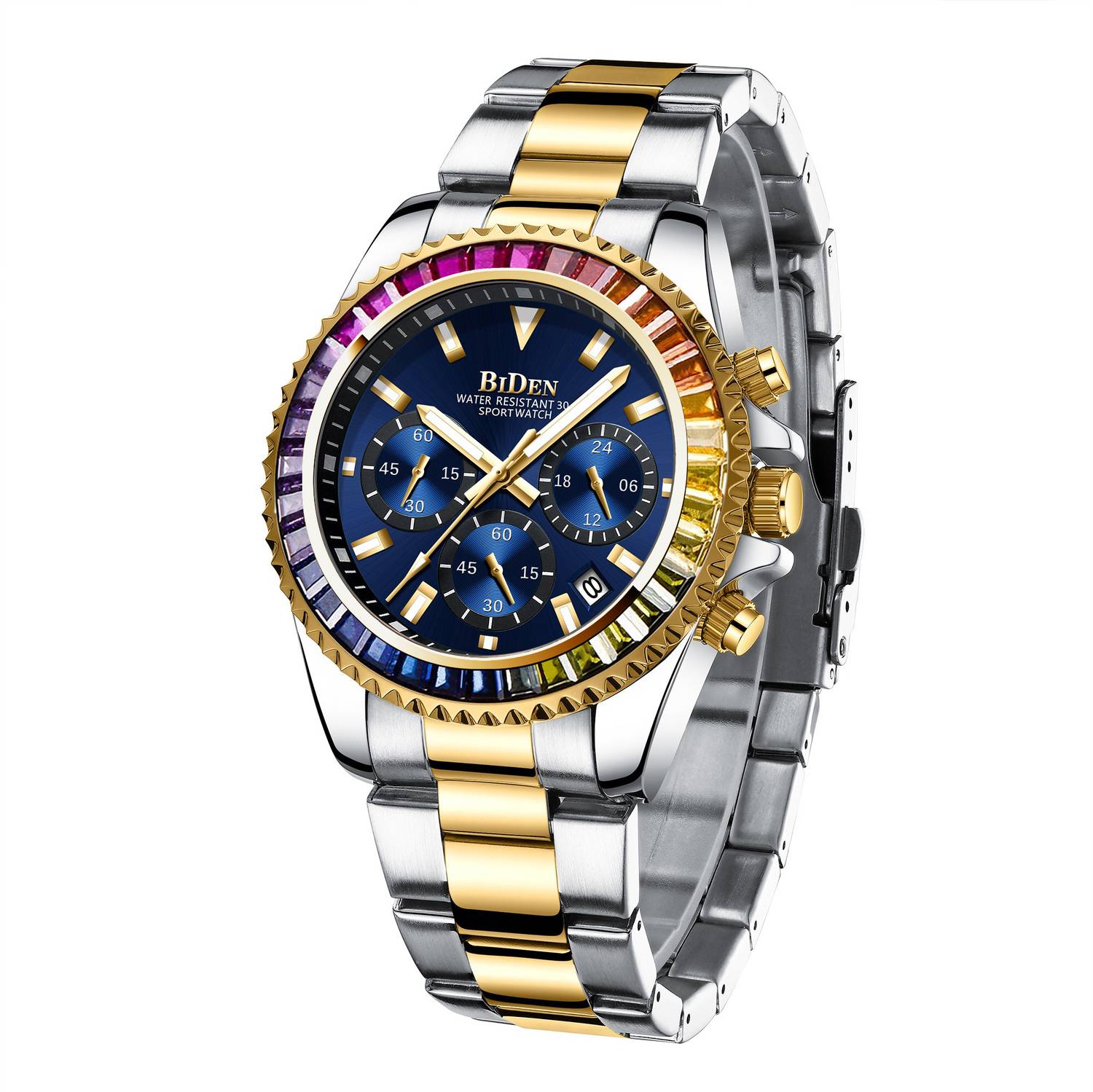 BIDEN Mens Watch Chronograph Luxury Golden wrist Watch Rainbow Case Analog Watch  - For Men