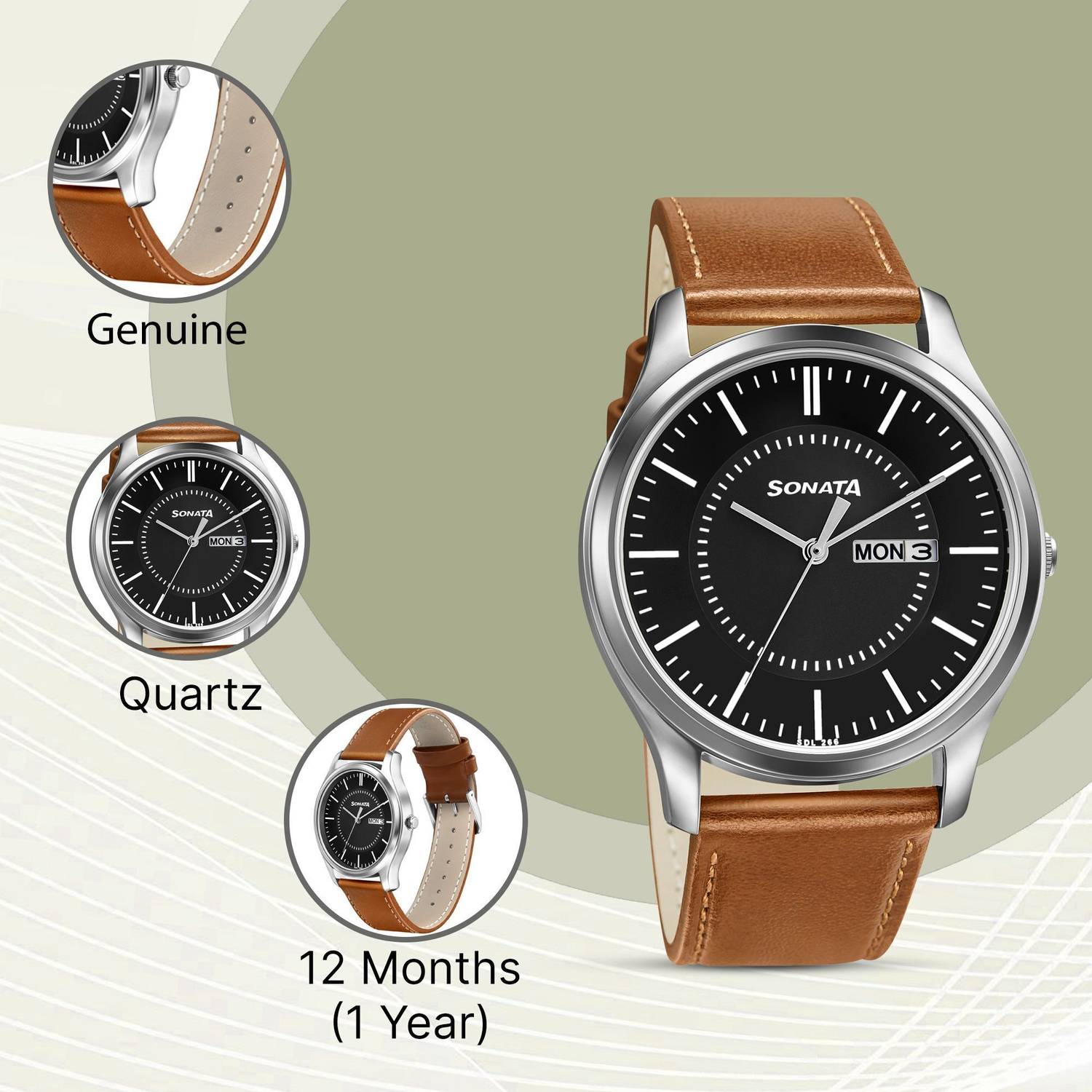 Sonata 77082SL08W Black Dial Tan Leather Men's Watch - Image 3