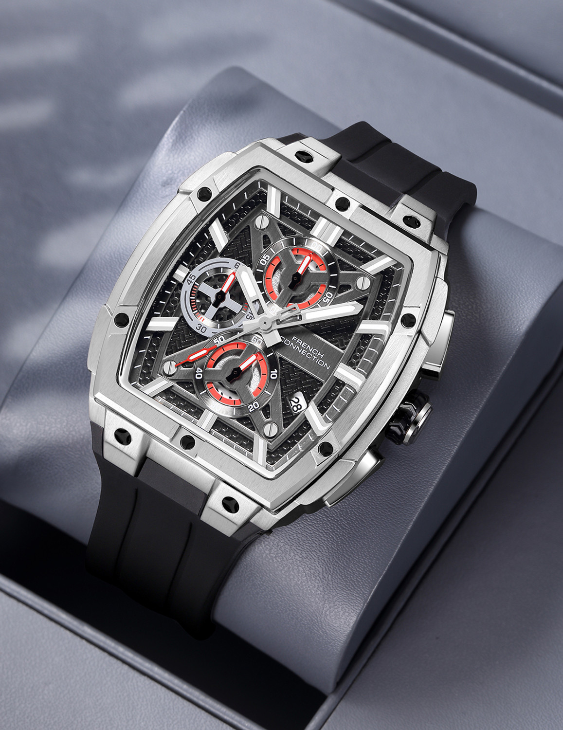 Image of French Connection FCM08SB French Connection | Chronograph | Black Dial | Silicone Strap | FCM08SB Analog Watch - For Men