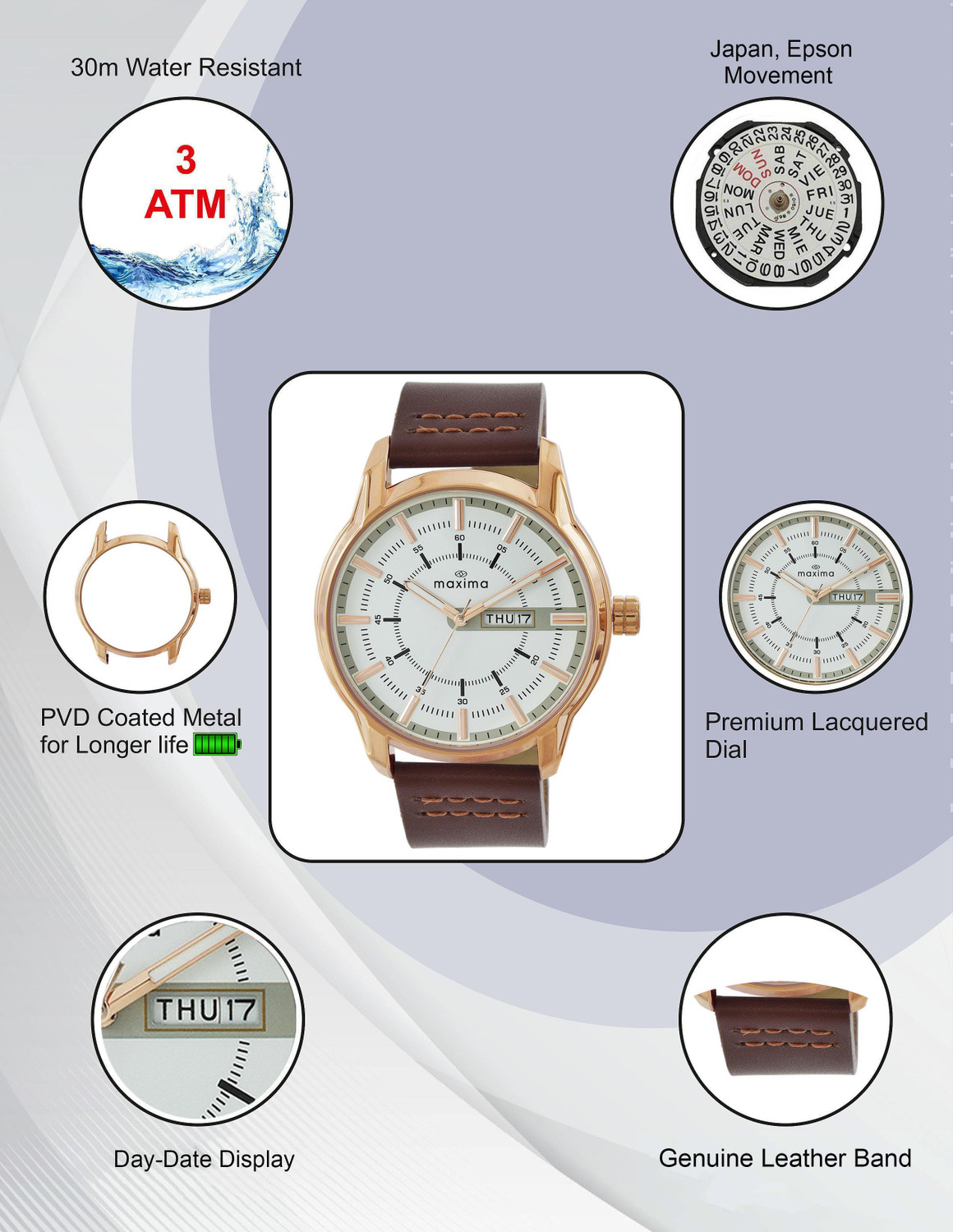 Image of MAXIMA Attivo White Rose Gold Dial, Day-Date,Water Resistant-3ATM, Brown Leather Strap Analog Watch - For Men O-68613LMGR
