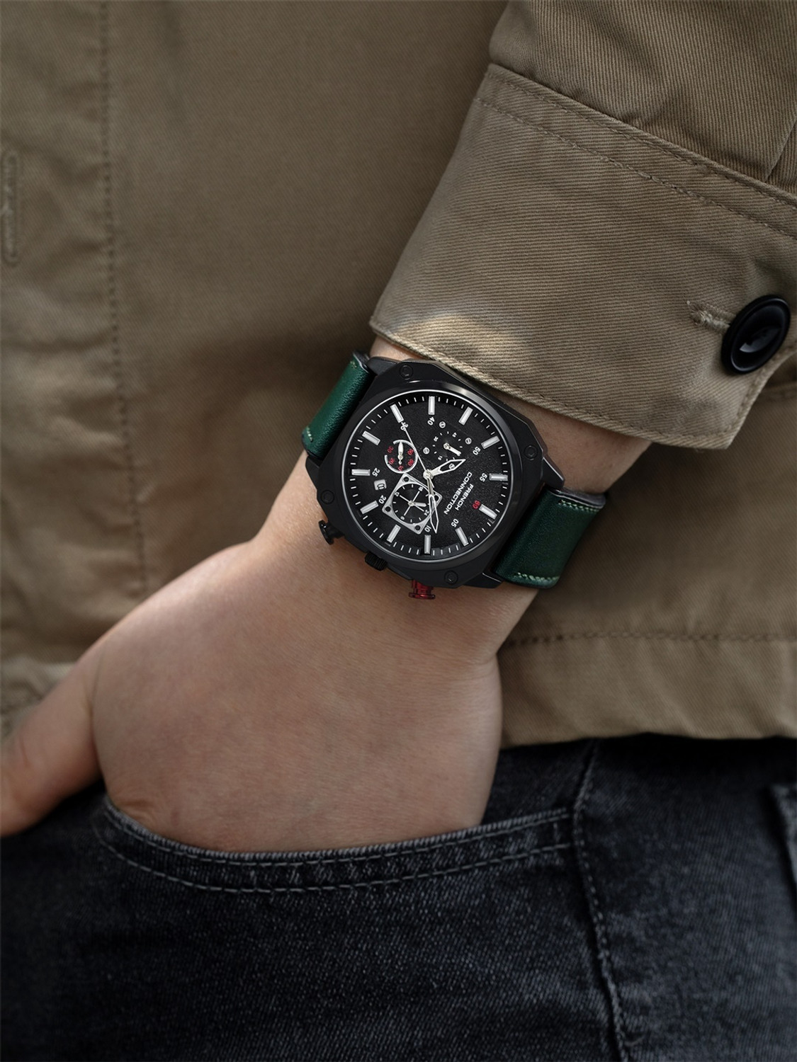 Image of French Connection Black Pattern Contemporary Dial | Green Silicone Chronograph Watch for Men Analog Watch - For Men