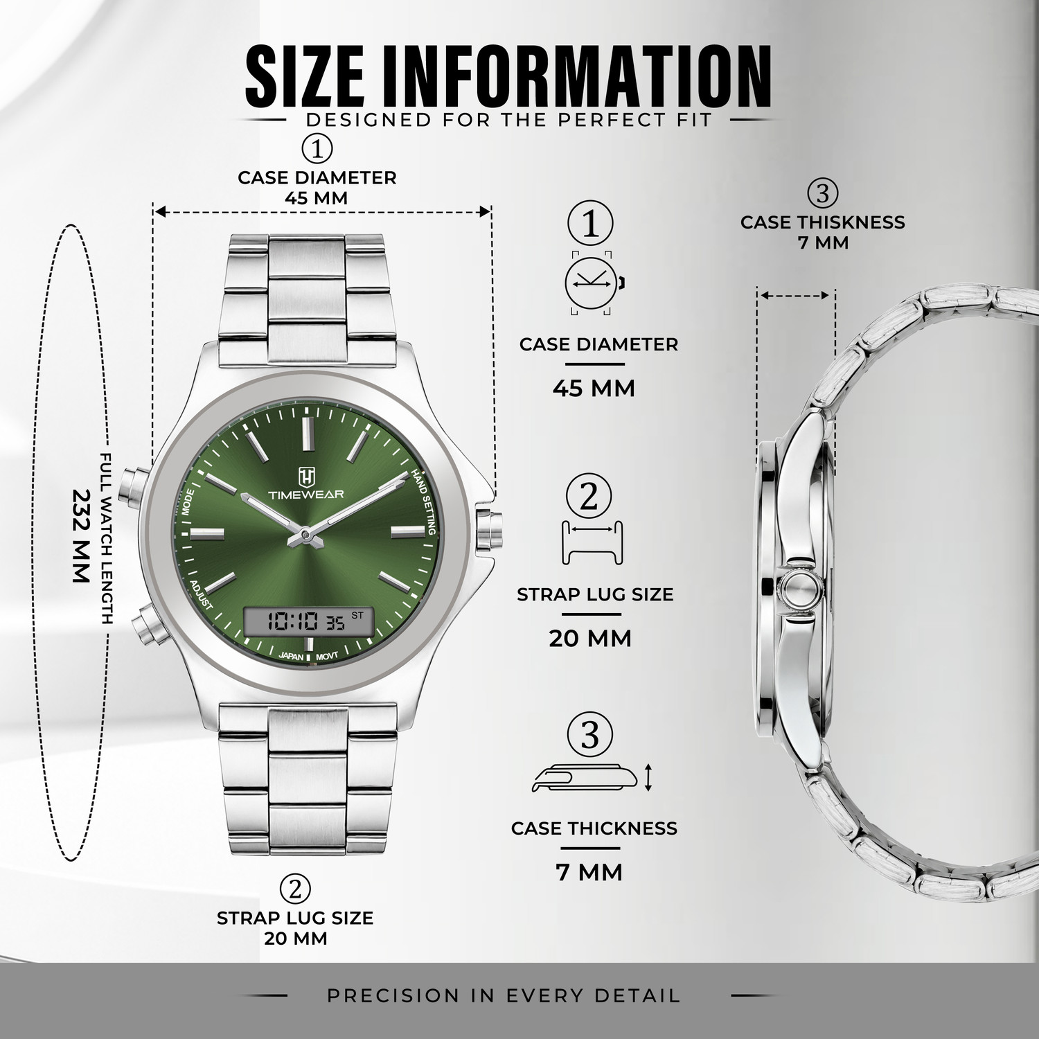 Image of TIMEWEAR 348GDTG TIMEWEAR Dualtime Green Dial Stainless Steel Chain Quartz Analog-Digital Watch - For Men