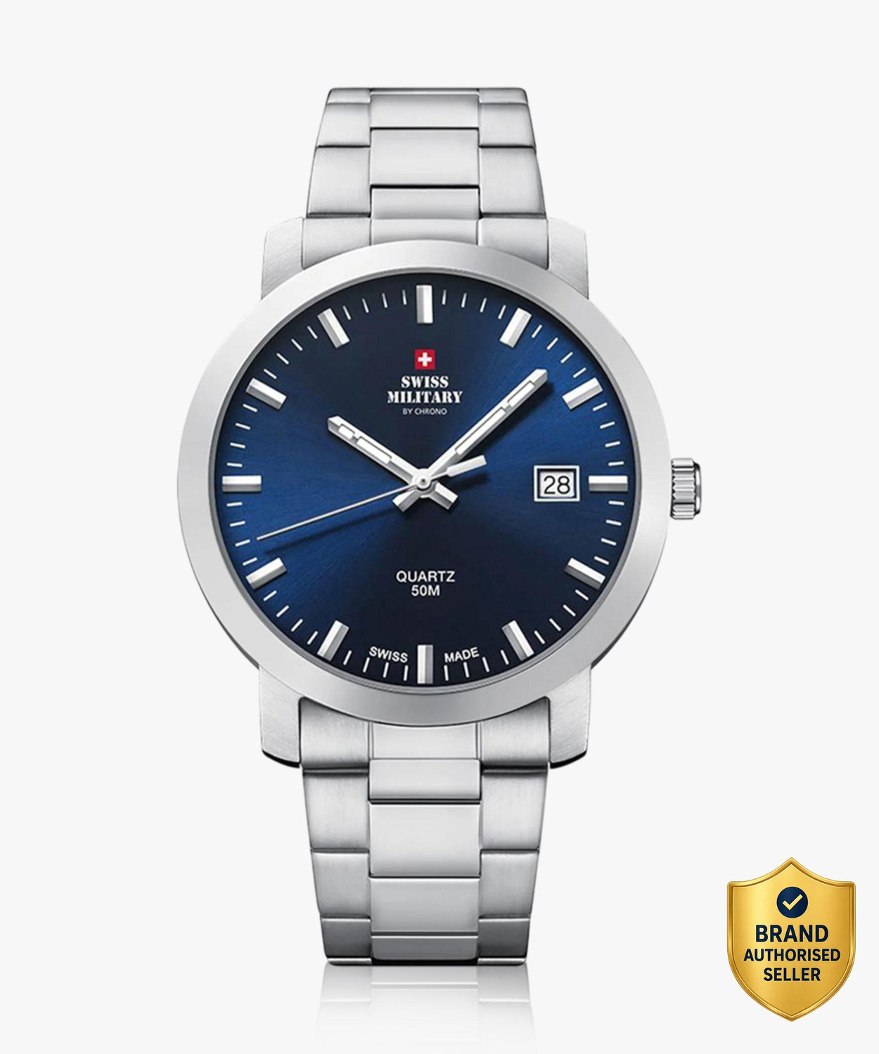 Image of Swiss Military by Chrono | Dial Shape Round| Dial Color Blue| Strap Color Silver Quartz Watch-SM34083.03 Swiss Made Blue Dial Analog Watch - For Men