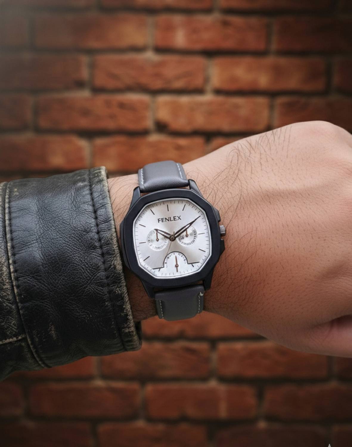 BALAJIE FENLEX Chronograph Look Men’s Watch Gray Leather Strap - Image 1