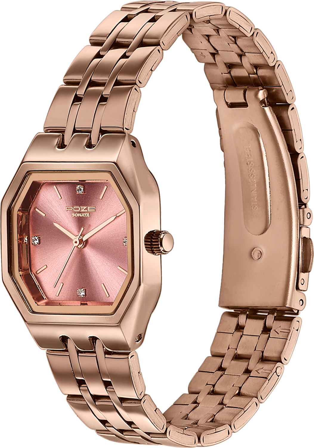 Image of SONATA Poze 8 Sonata Poze 8 Quartz Pink Dial IP Rose Gold 304SS Sheet Metal Strap Analog Watch - For Women