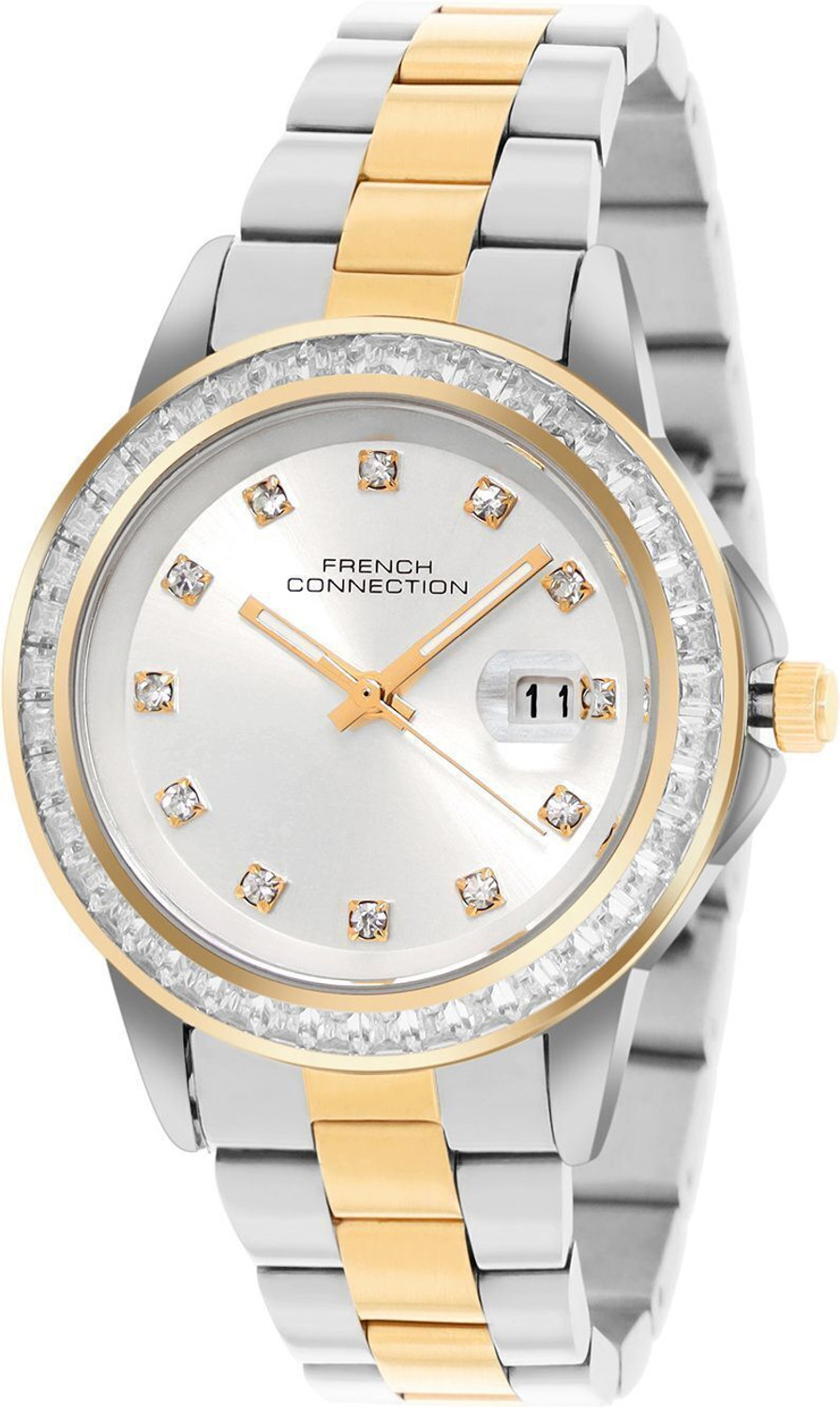 Image of French Connection Aurdate AURDATE Rhinestone Dated Silver Sunray Dial | Women's Silver Analog Watch - For Women