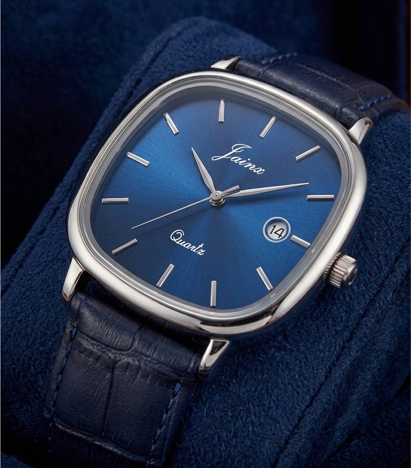 JAINX Square Blue Dial Date Leather Strap Watch for Men