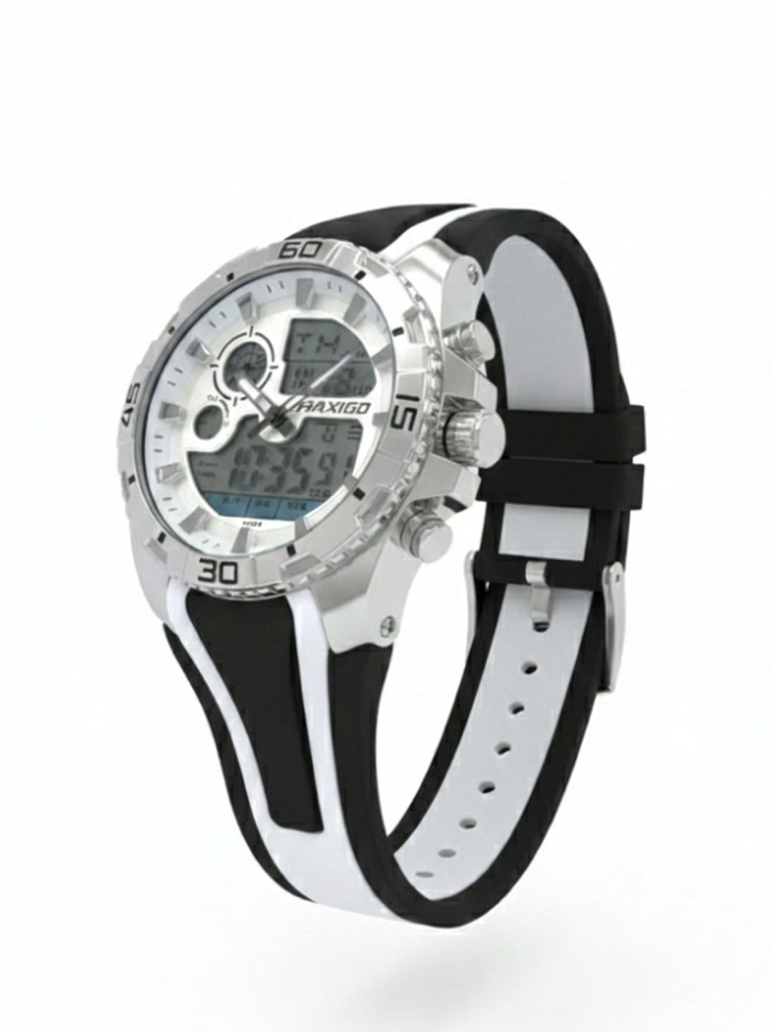 Image of Chaxigo Stylish Multi-functional White Dial White-Black Silicone Strap Analog-Digital Watch - For Men