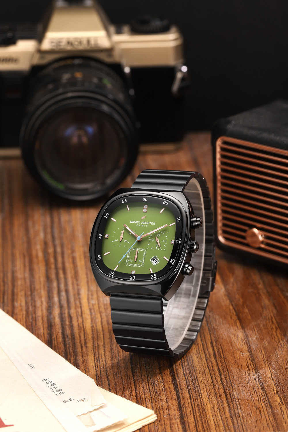 Image of DANIEL HECHTER Model DHM1001 Paris Bercy Collection Modern Multi Functional Square Dial,Stainles Steel Strap Analog Watch - For Men