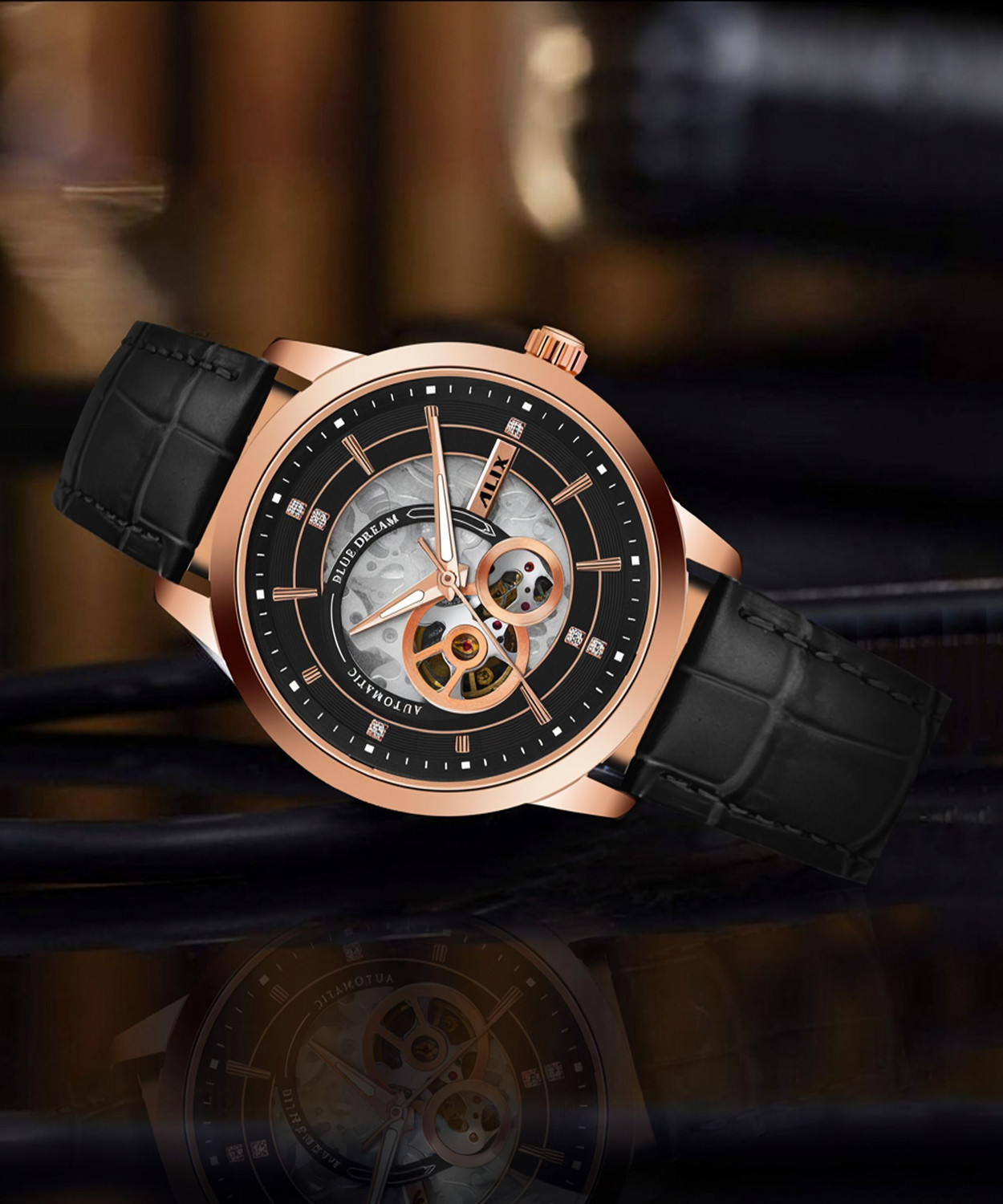 Image of Alix AL2910 Automatic Skeleton black dial with rosegold case shopisticated attire Analog Watch - For Men