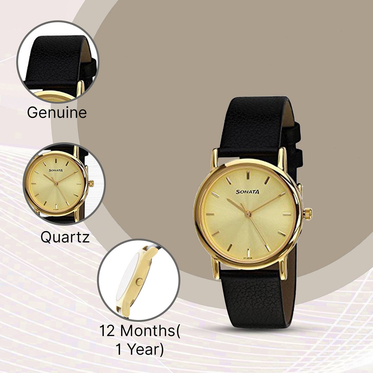 Sonata NP7987YL01W Black Leather Strap Analog Watch - Image 5
