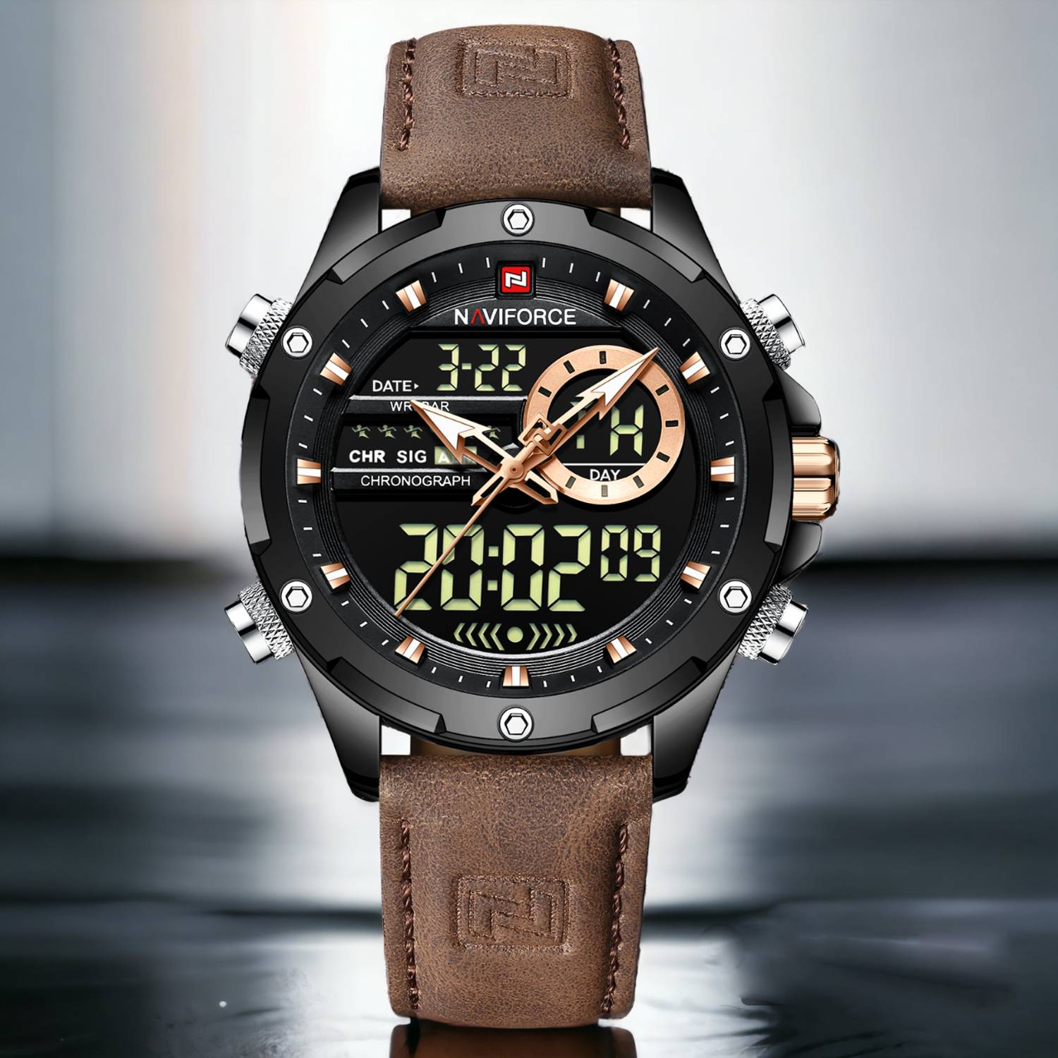 NAVIFORCE 9208 Luxury Fashion Genuine Leather Quality Calendar LCD