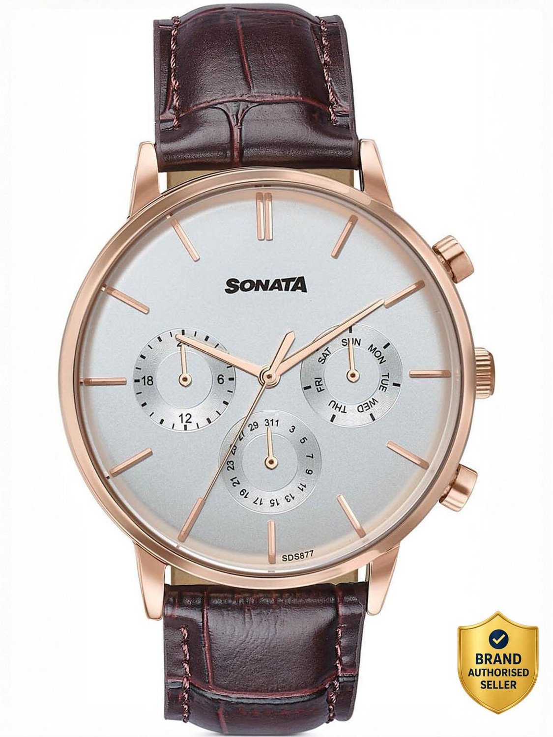 Image of SONATA Festive 2.0 Ph II Sonata Festive 2.0 Quartz White & rose gold Dial Brown Leather Strap Analog Watch - For Men