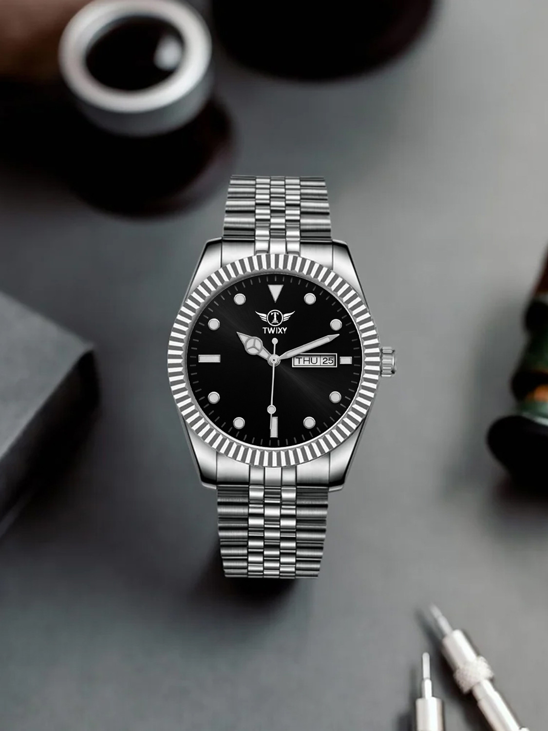 Image of TWIXY TYW-8 Silver-Black TWIXY Sea‑Dweller Series Day-Date Display Function Black Dial Steel Analog Watch - For Men