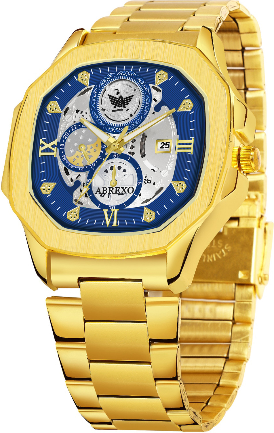 Image of ABREXO Abx8312 Blue Dial Golden Bracelets GODFATHER Square Chrono Look Blue Dial Date Working Stainless Strap For Boys Analog Watch - For Men