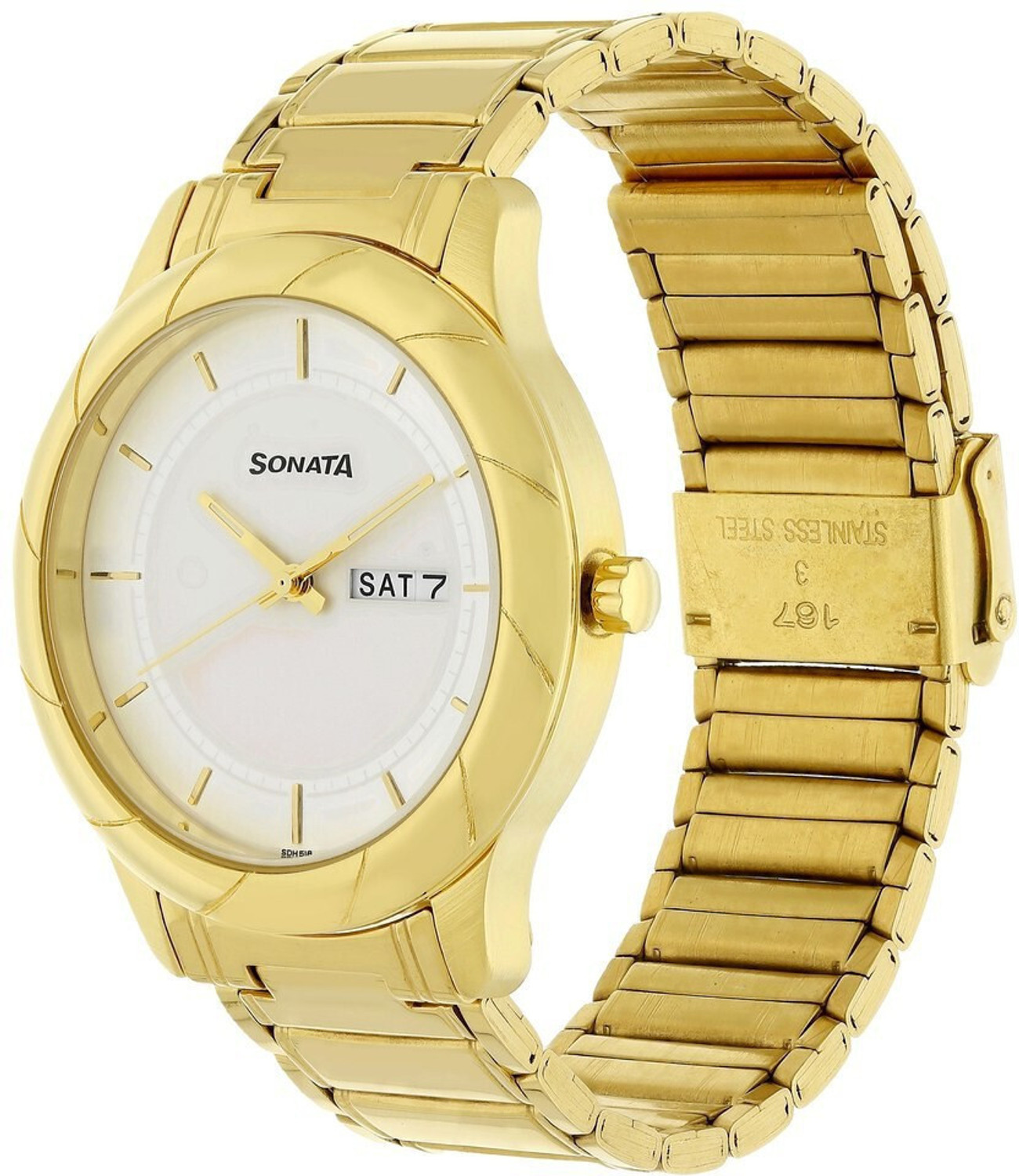 Image of SONATA Sonata Utsav With Day & Date White Dial Gold Stainless Steel Strap Analog Watch - For Men