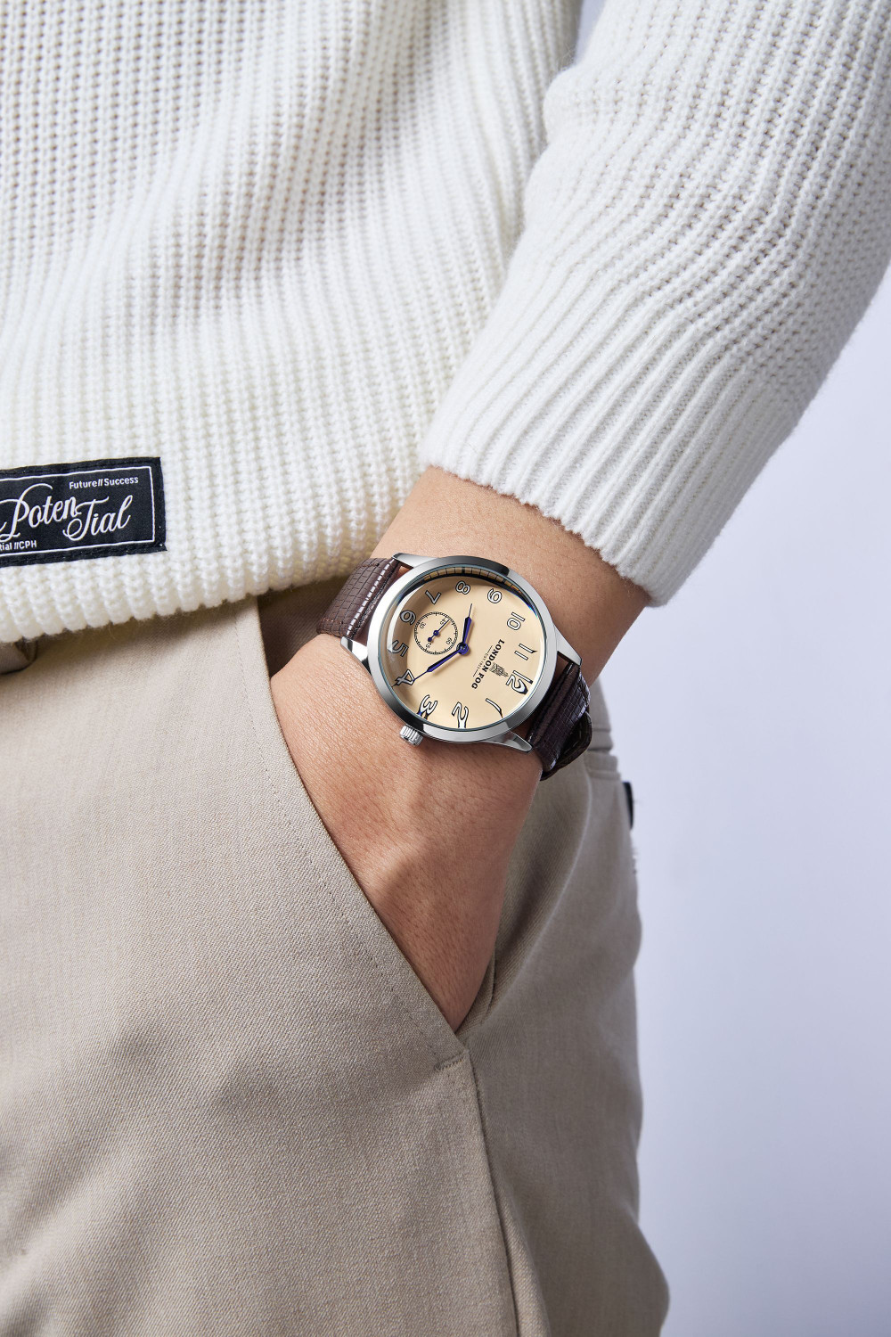 Image of London Fog Vintage Beige Dial, Brown Leather Strap, Luminous Numerals, Curved Mineral Glass Brixton Collection Vintage Beige Dial Luminous Numerals Curved Mineral Glass Analog Watch - For Men