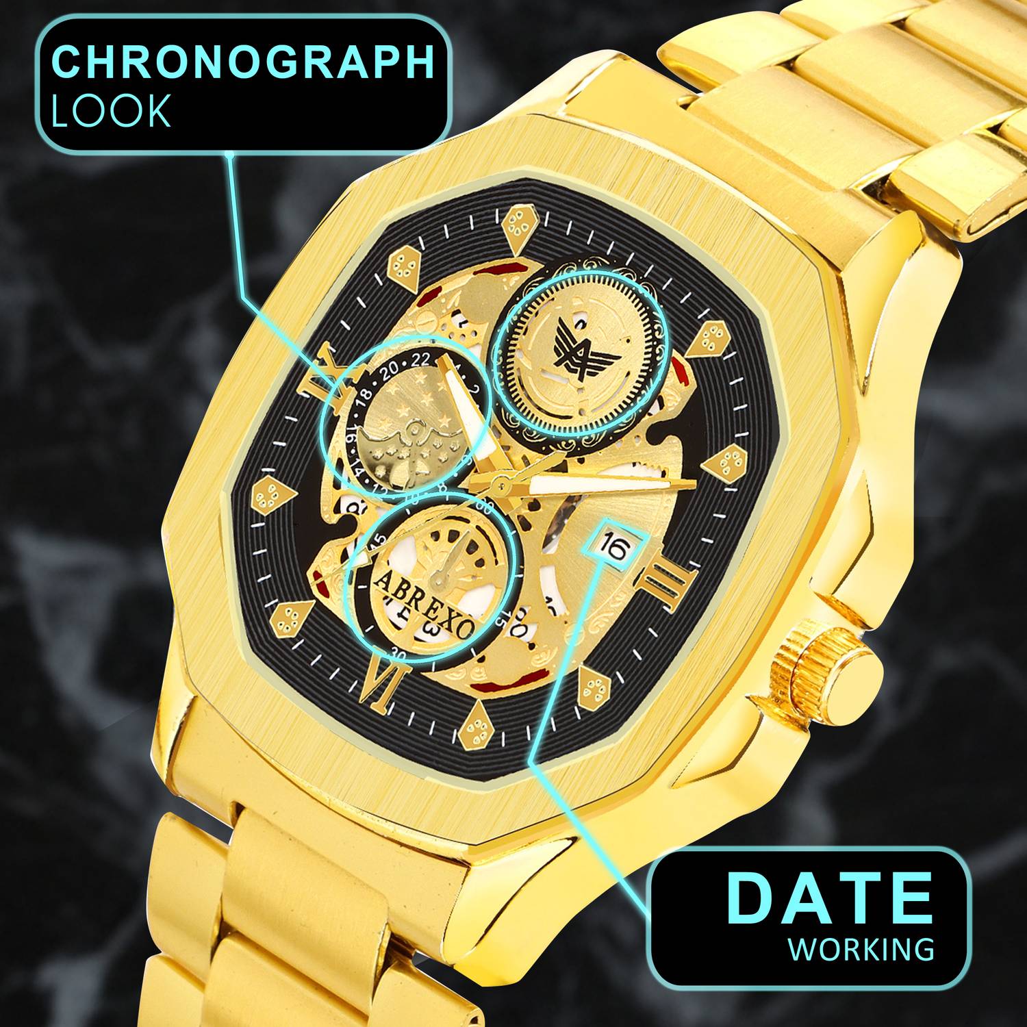 ABREXO Abx8314-Golden Bracelet GODFATHER Square Chrono Look Golden