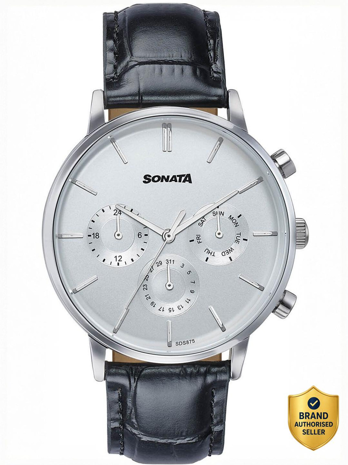 Image of SONATA Festive 2.0 Ph II Sonata Festive 2.0 Quartz White & black Dial Black Leather Strap Analog Watch - For Men