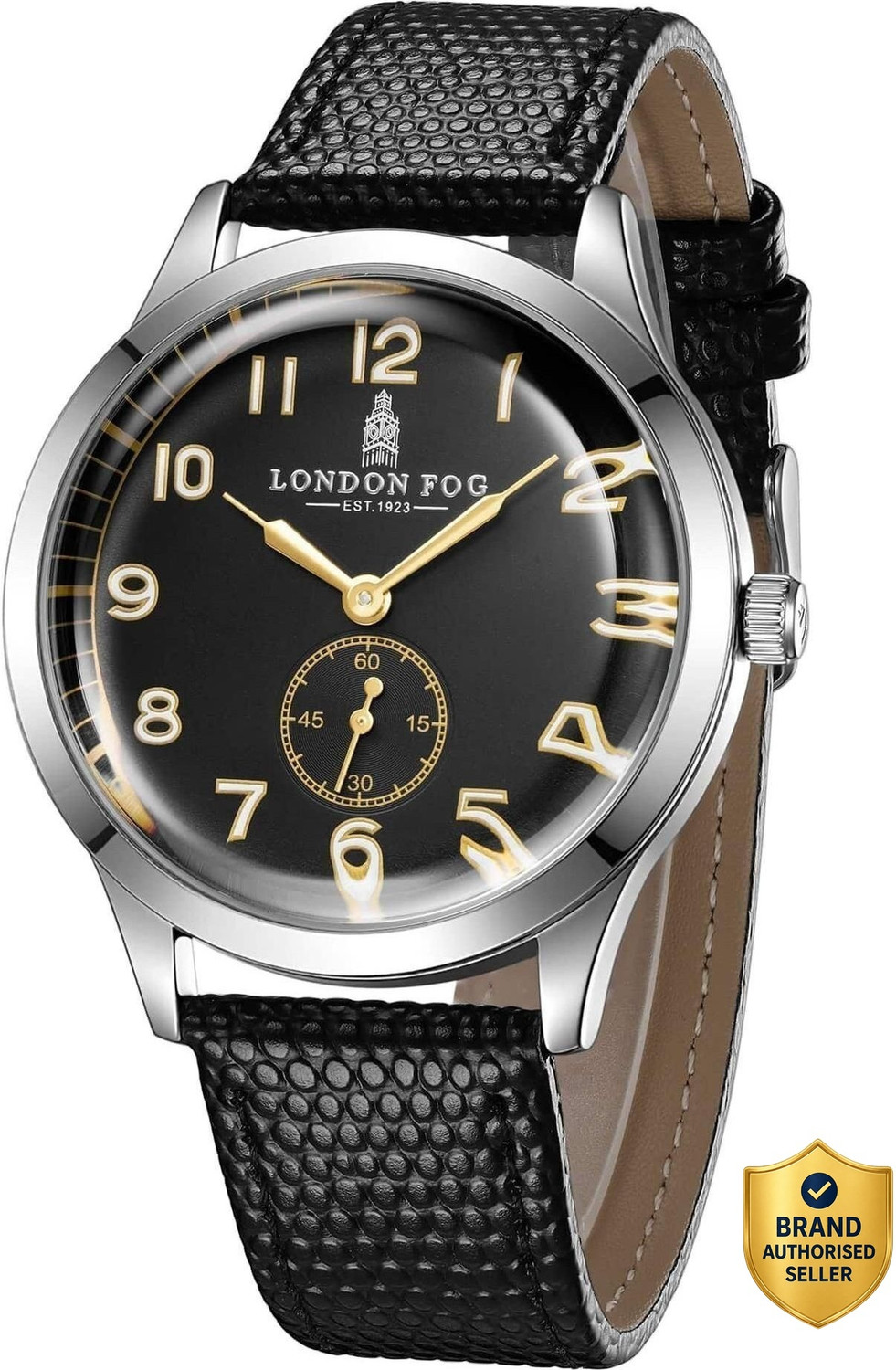 London Fog Vintage Black Dial, Black Leather Strap, Luminous Numerals, Curved Mineral Glass Brixton Collection Vintage Black Dial Luminous Numerals Curved Mineral Glass Analog Watch  - For Men