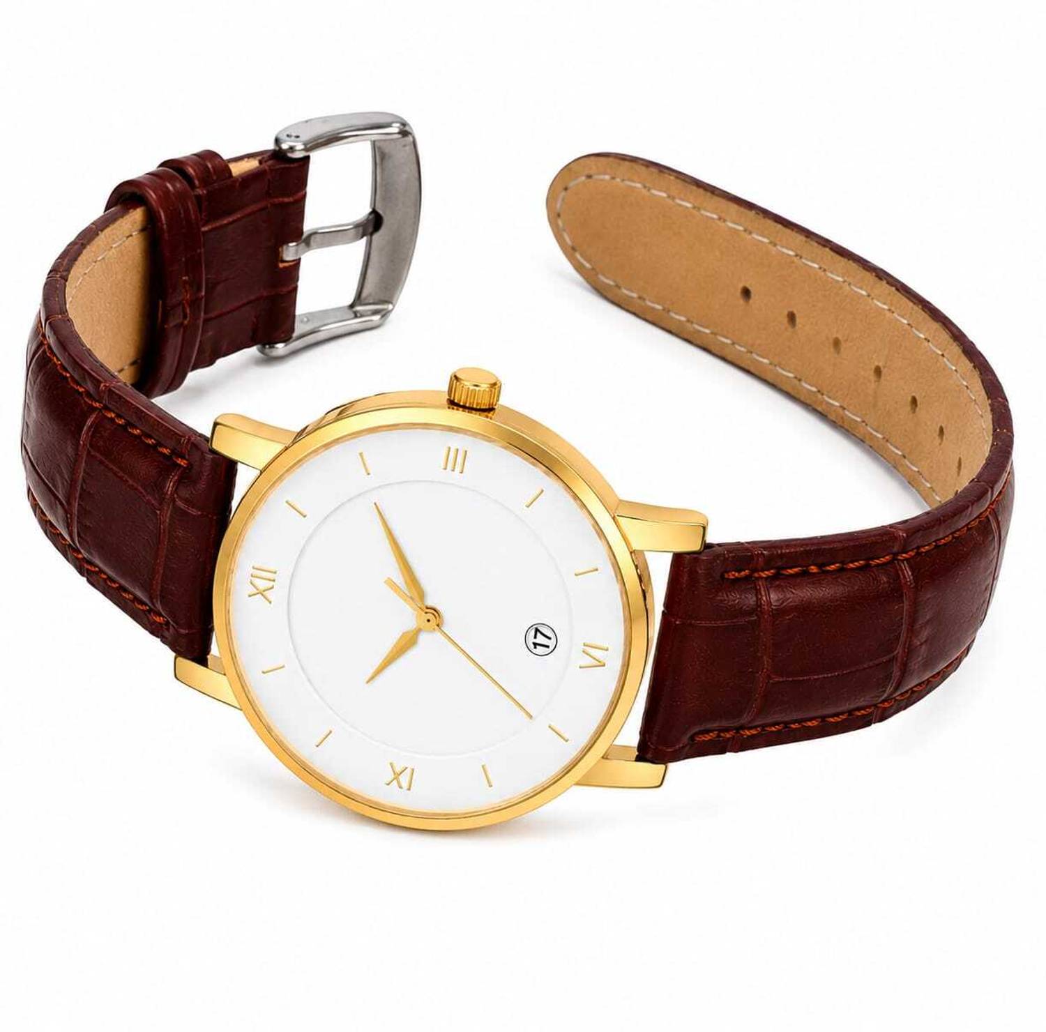 HMT Quartz Gold-White Dial Brown Strap Watch - Image 2