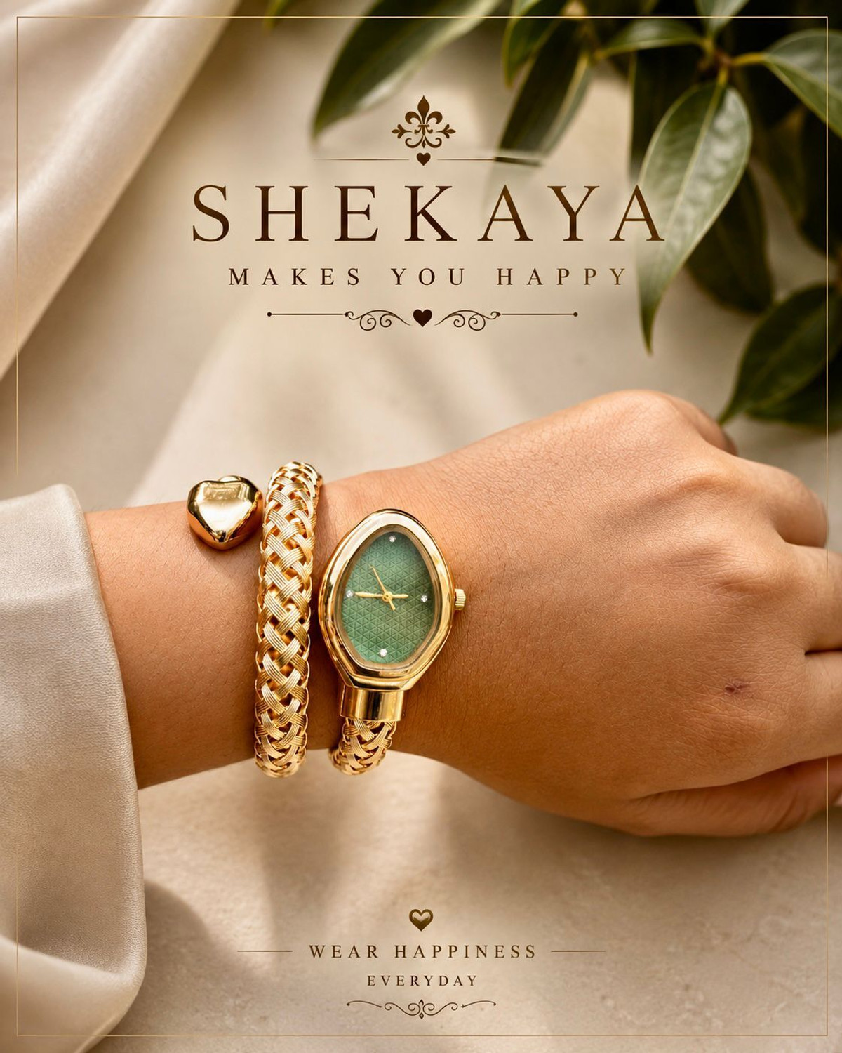 Image of shekaya Green Dial Golden Bracelet Watch for Women Snake Watch Analog Watch - For Women