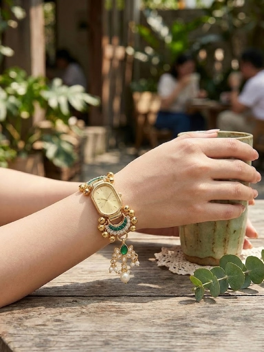 Image of watchstar Emerald & Gold Ethnic Bracelet Watch with Pearl Accents Elegant Traditional Gold Watch with Emerald & Pearl Charms Analog Watch - For Women