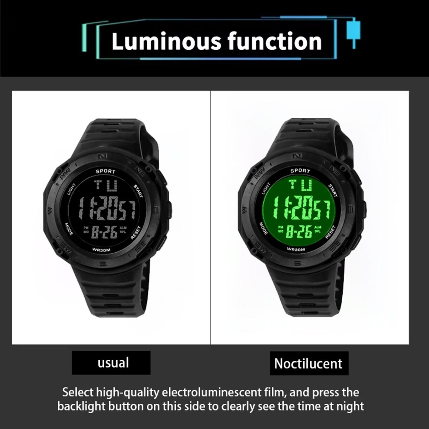 Image of luxurit Stylish Rugged Style Waterproof Black LED Display Durable Black Strap Digital Watch - For Men
