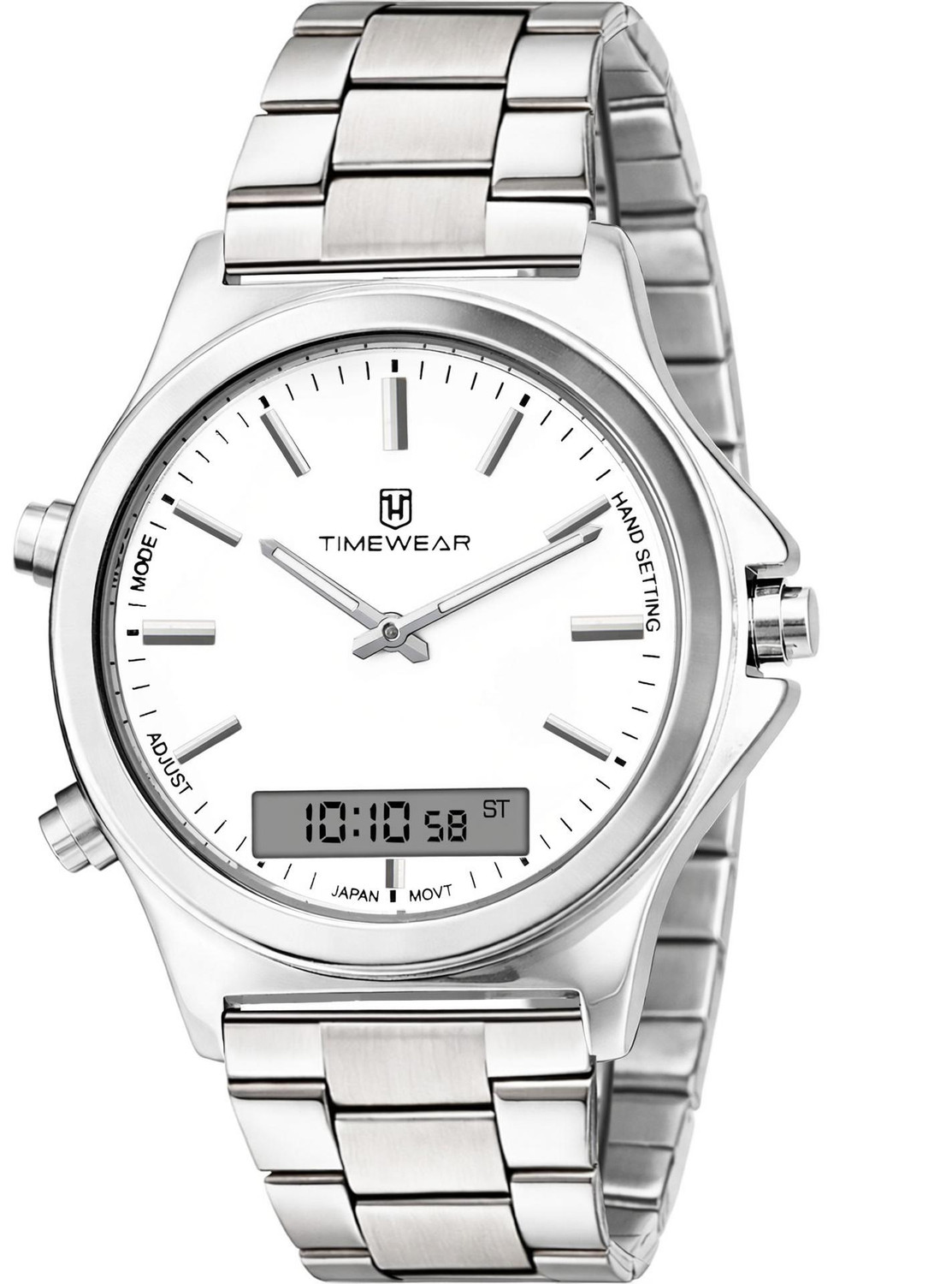Image of TIMEWEAR 332DACH TIMEWEAR Dualtime White Dial Stainless Steel Chain Quartz Analog-Digital Watch - For Men