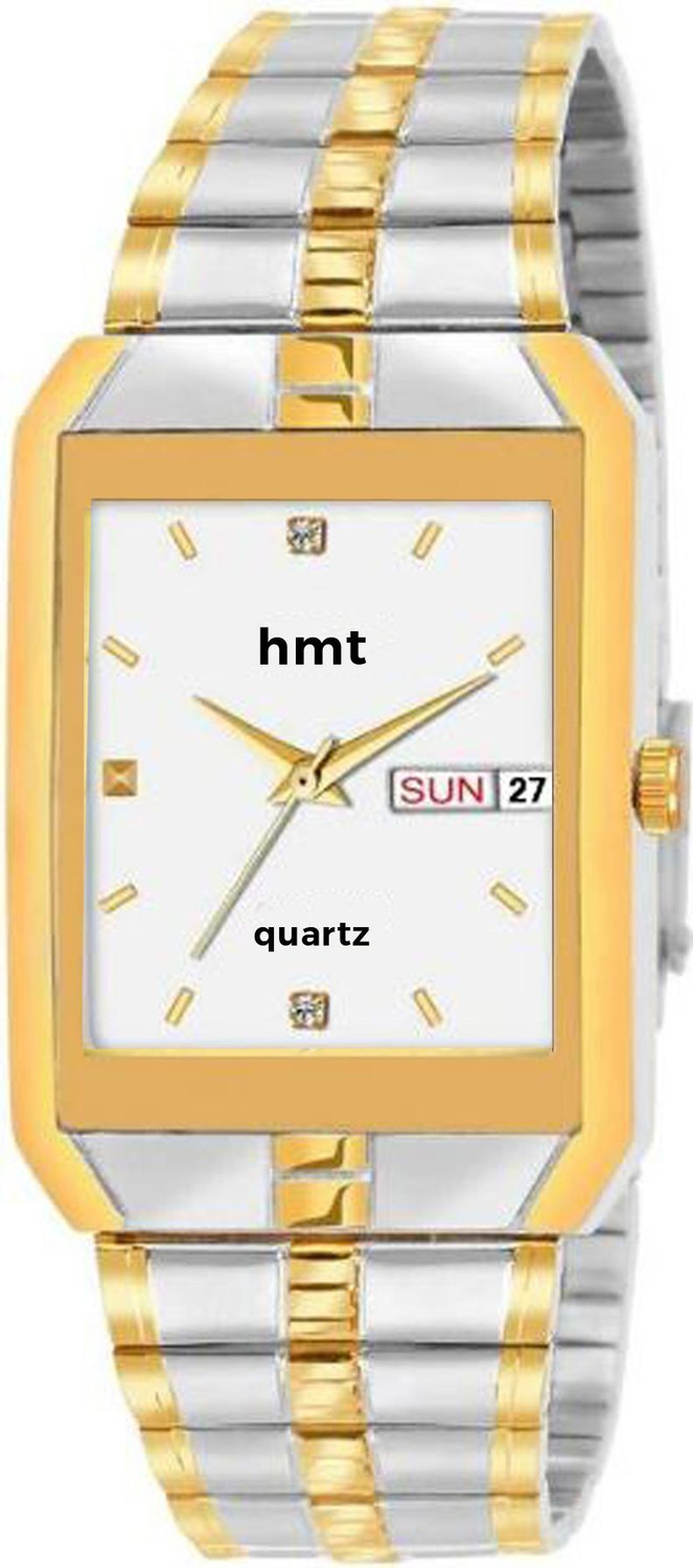 Image of HMTS DLX HMTS Day & Date Series Two Tone Plating Golden Metal Wrist Watch Analog Watch - For Men Original Day & Date Functioning Two Tone Chain Watch Analog Watch - For Men