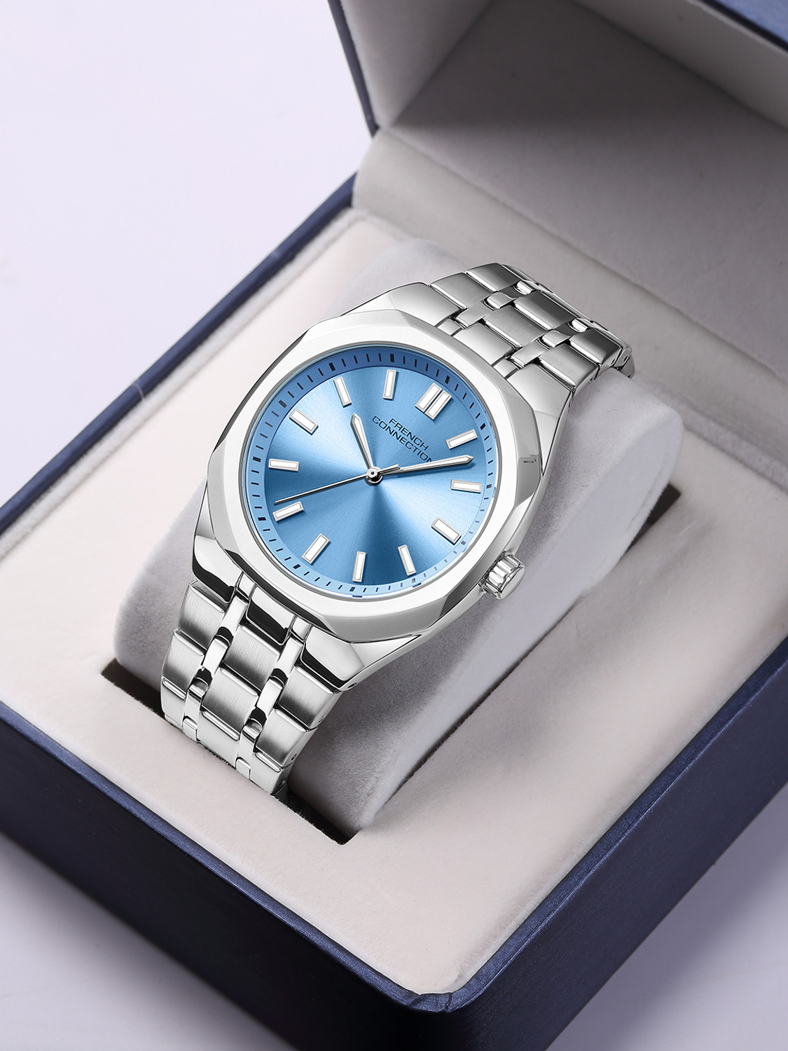 Image of French Connection LUMIERE Blue Sunray Contemporary Dial | Silver Stainless steel QUARTZ Watch for Men Analog Watch - For Men