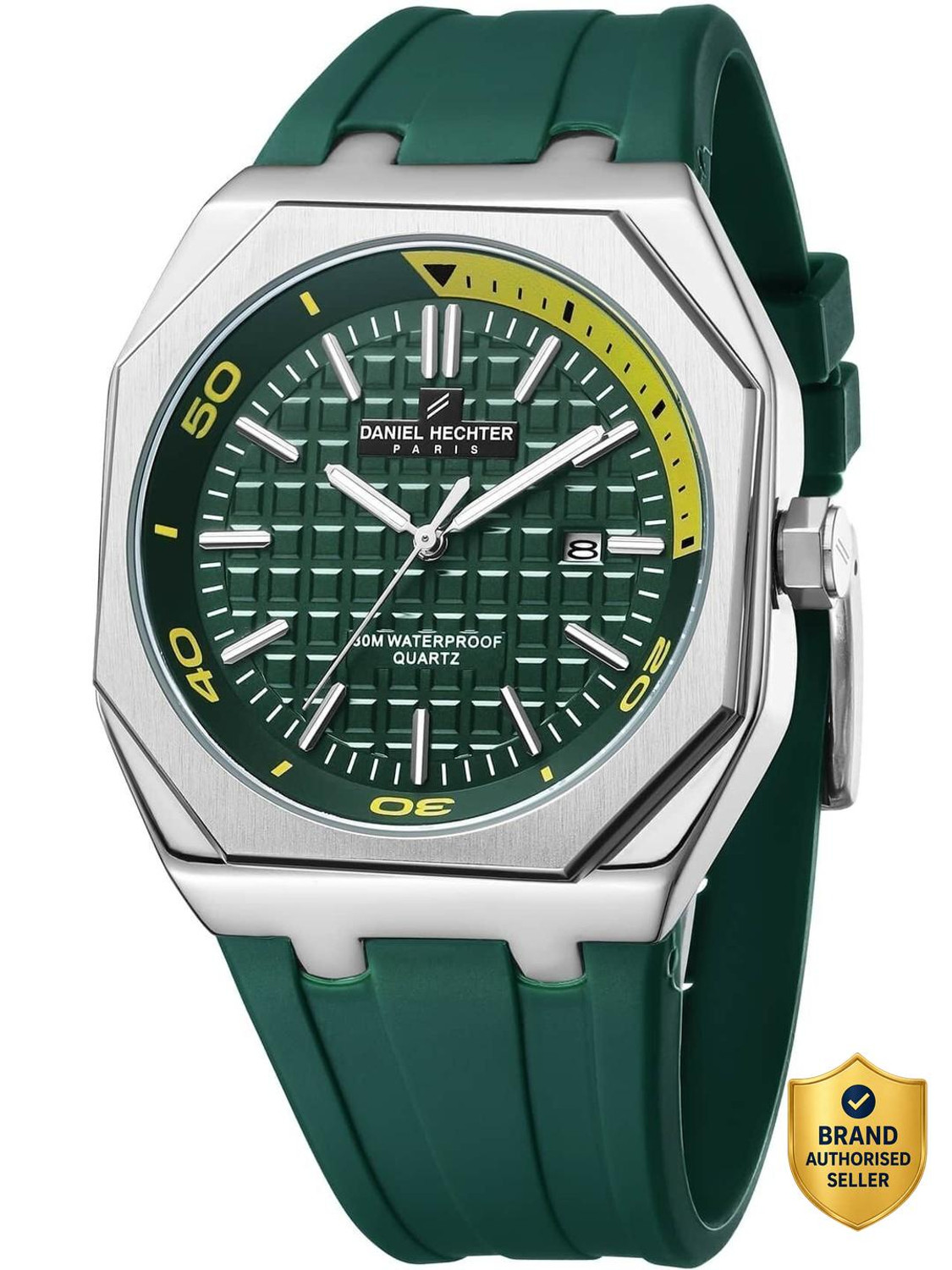 DANIEL HECHTER Model DHM1008 Paris Monceau Collection, Textured Octagone Dial and Silicon Strap Green Green Analog Watch  - For Men
