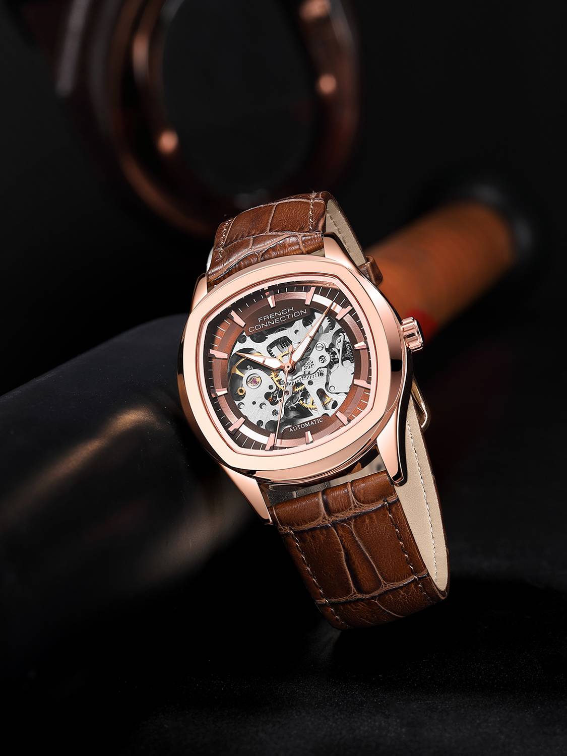 French Connection Brown Skeleton Round Dial Watch - Image 4