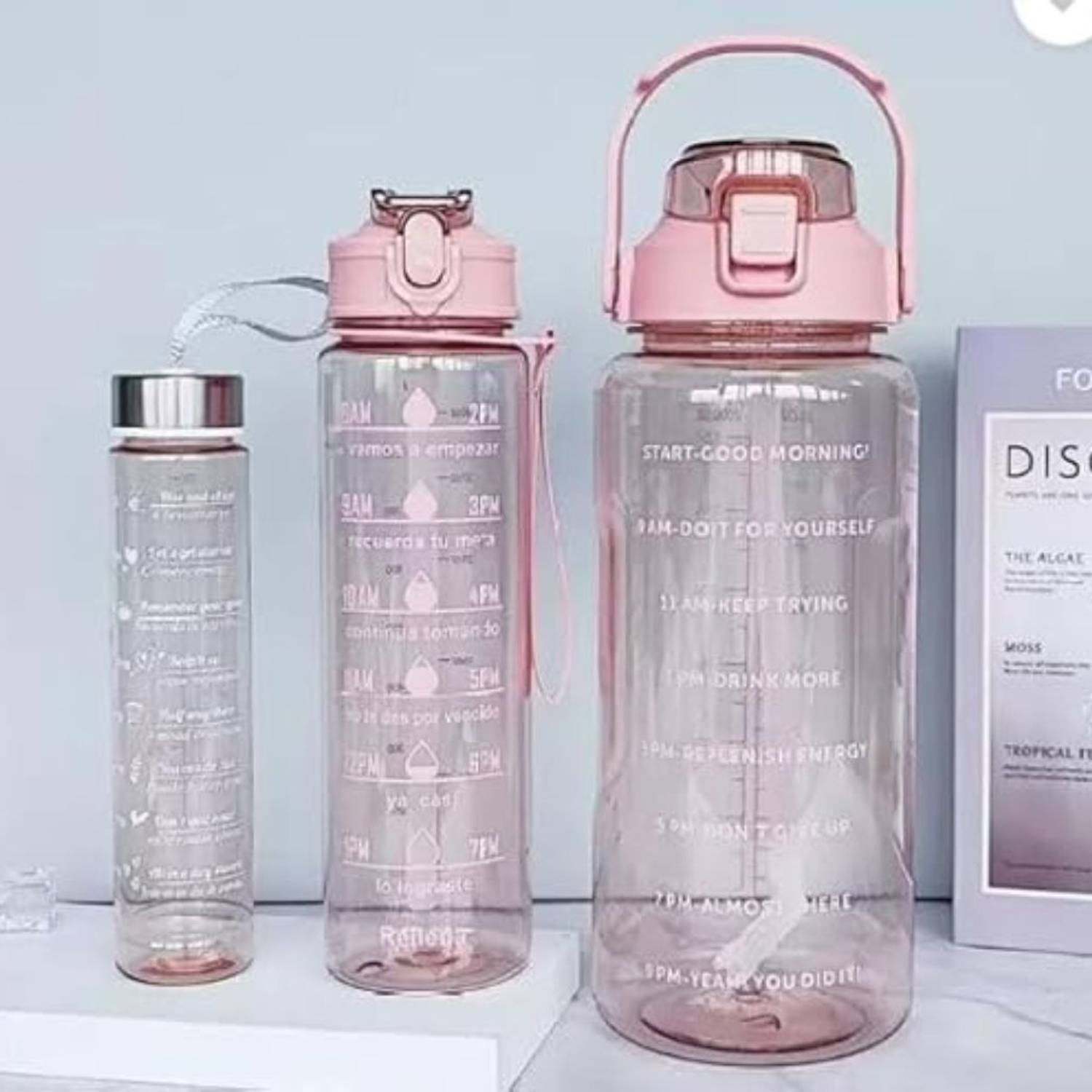 Barkati Set of 3 Transparent Water Bottle Set (2 Litre, 900ml, 300ml) with Time Marker 2000 ml Water Bottles