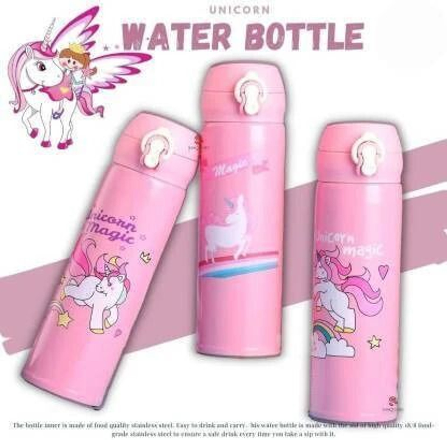 Image of Barbarik Cute Pink Unicorn Stainless Steel Thermos Insulated Flask Kids Tumbler 500 ml Water Bottle