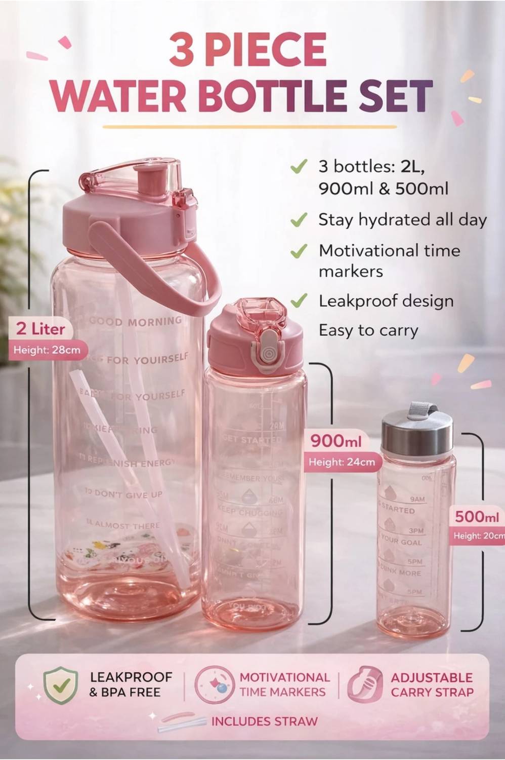 Adiyogitraders Portable Wide Mouth BPA Free Motivational pack of 3 Transparent Water Bottle 3300 ml Water Bottles