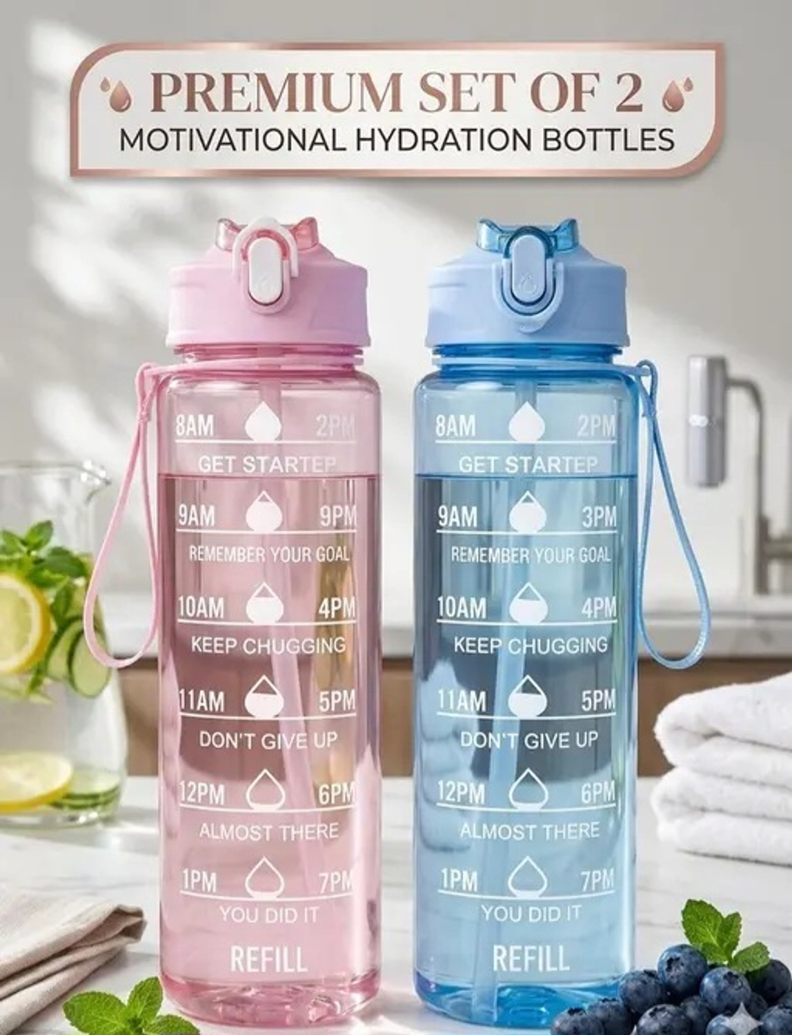 Image of CUbeVentures Hydrofit Motivational Water Bottle 900 ml with Time Marker & Straw 1800 ml Water Bottles