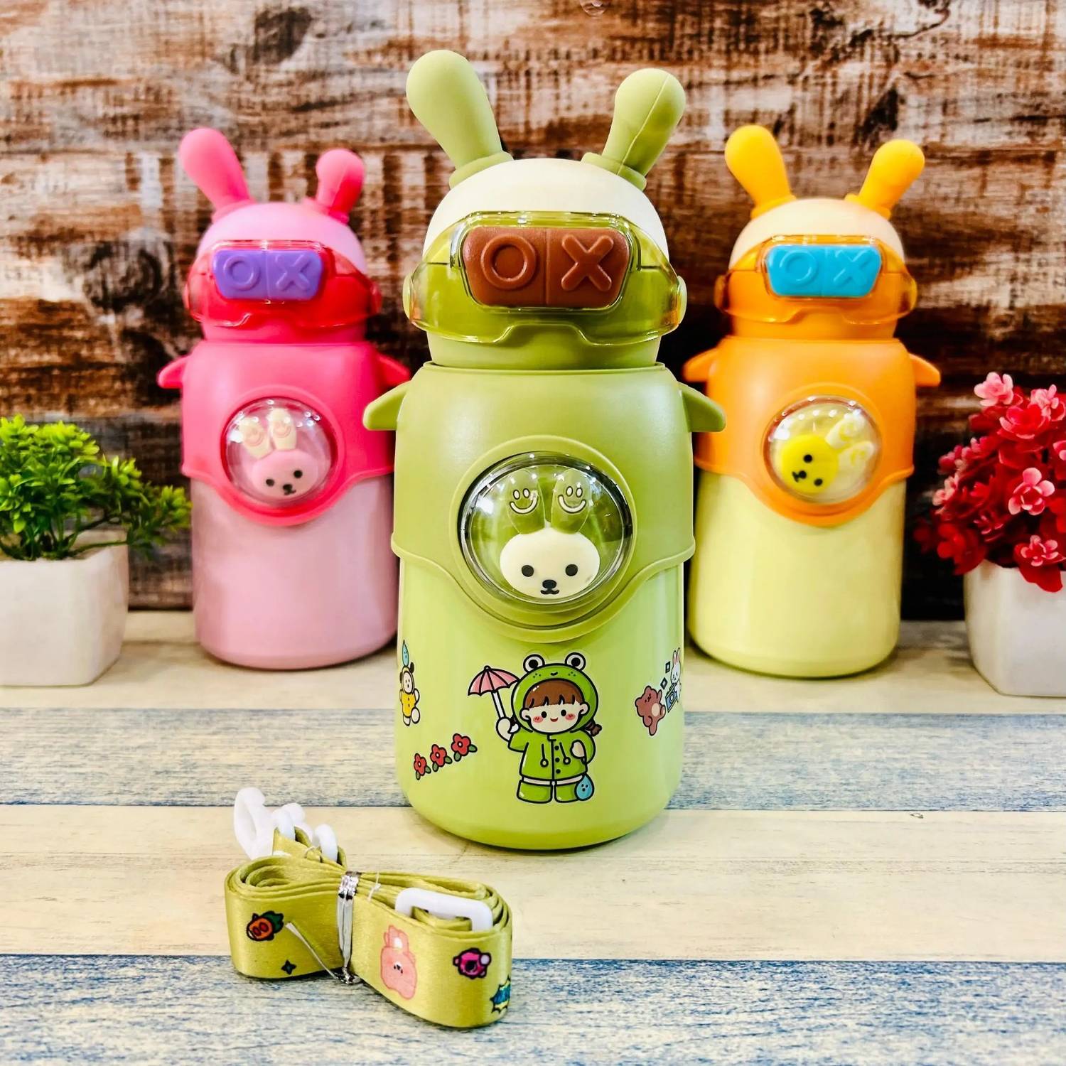 ApexUni Stainless Steel Sipper Bottle for Kids Cute Rabbit Design with Strap 600 ml