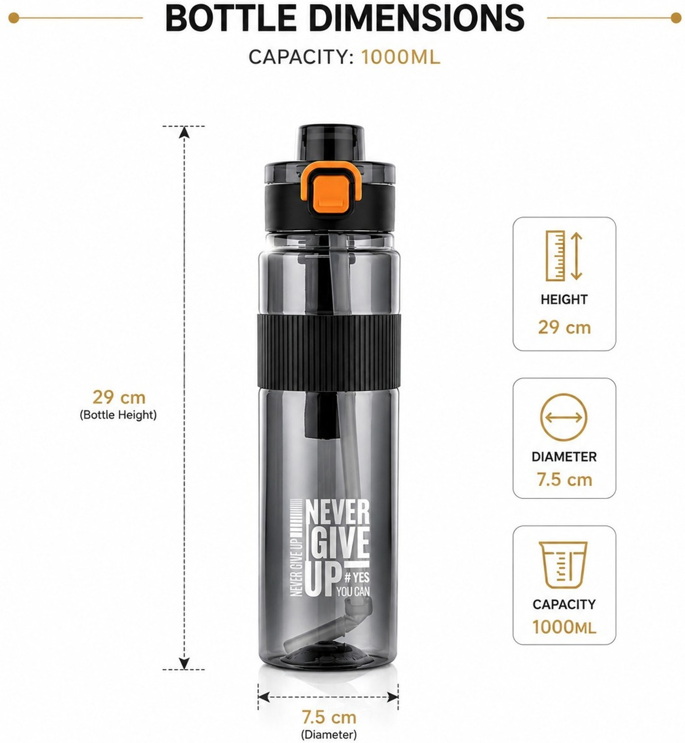 Image of UPSILON Plastic 1 Litre Grip Sports Water Bottle School, Office, Gym Plastic (BLACK-1) 1000 ml PET, Plastic Sipper
