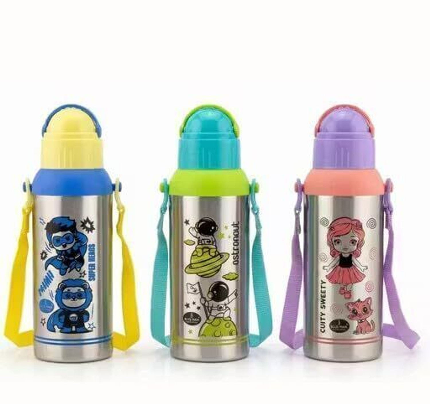 Image of PBOXSTEEL Kids Stainless Steel Water Bottle with Strap| Superhero Cartoon Design 475 ml Water Bottle
