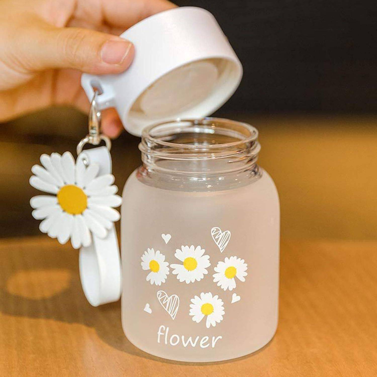AQUA LUXE Daisy Frosted Glass Water Bottle with Flower Charm and Lid 300 ml Water Bottle
