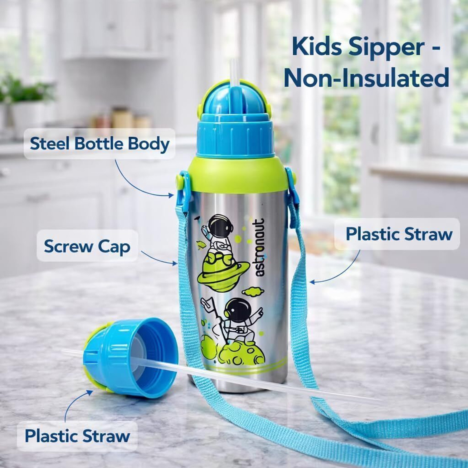 Image of PBOXSTEEL Kids Stainless Steel Water Bottle with Strap| Superhero Cartoon Design 475 ml Water Bottle