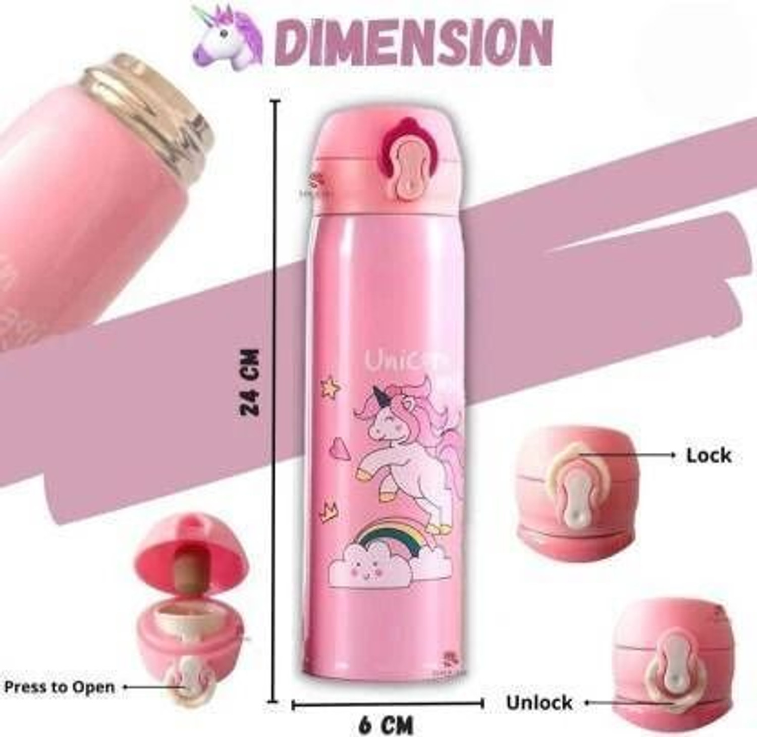 Image of Barbarik Cute Pink Unicorn Stainless Steel Thermos Insulated Flask Kids Tumbler 500 ml Water Bottle