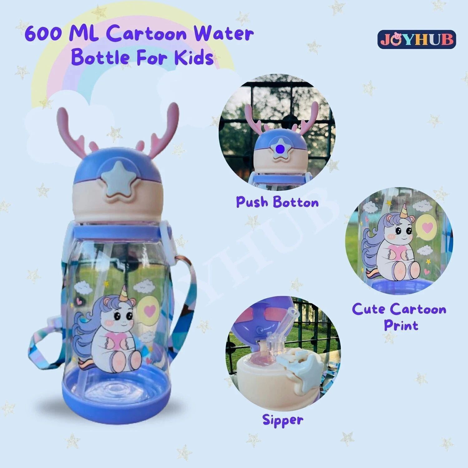 Image of JOYHUB Deer Horn Kids School Sipper Water Bottle with Strap for girls and boys 600 ml Water Bottle