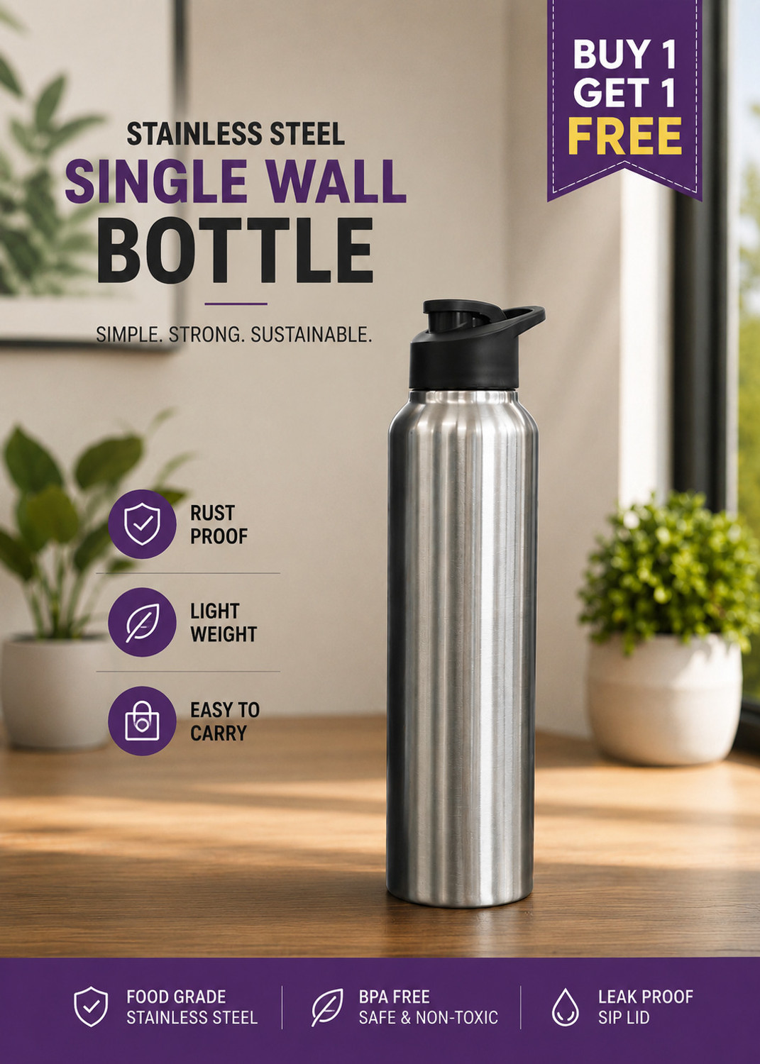 Image of ARADHANA STEEL AquaFlow Series 1000 ml Water Bottles
