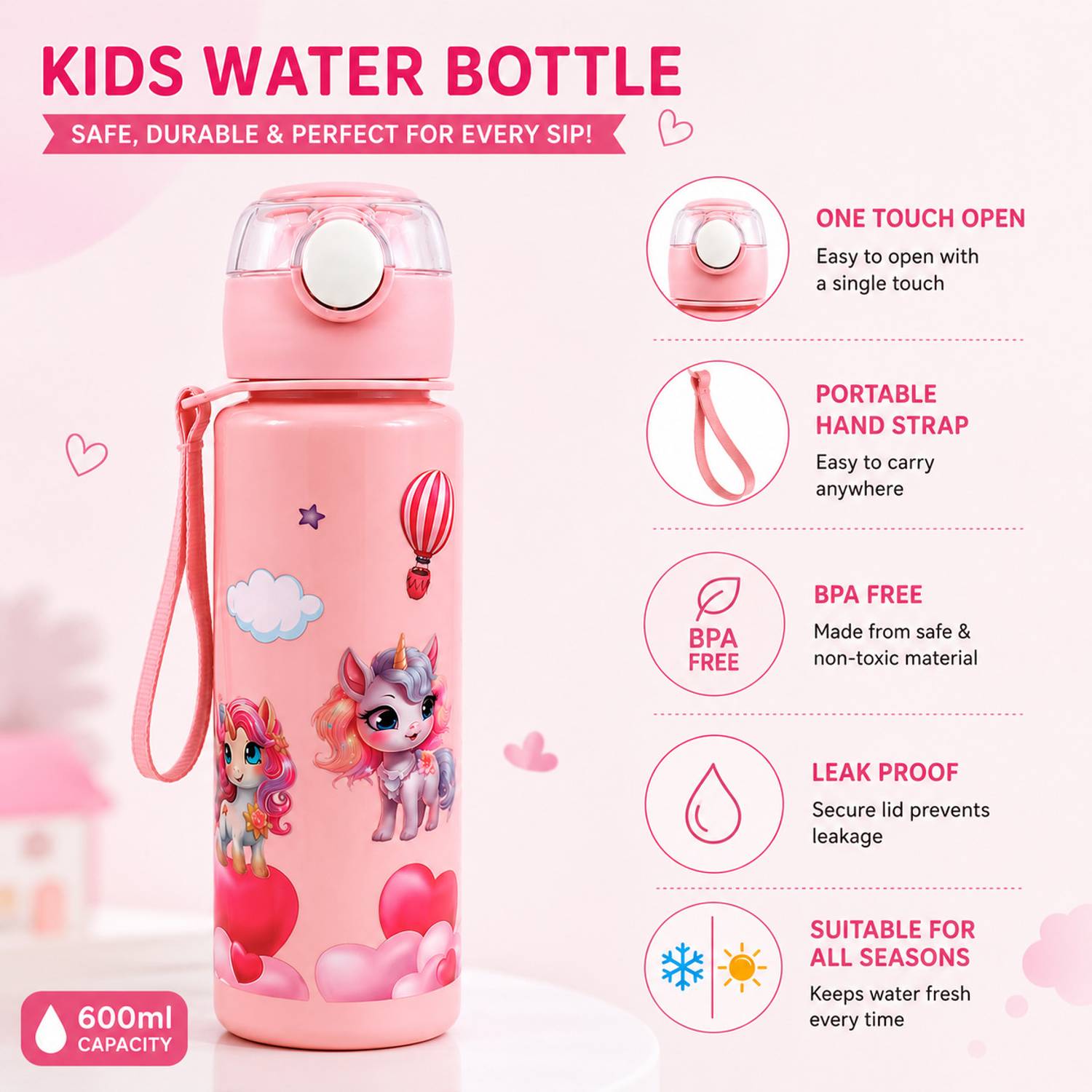 UNICORNWORLD Unicorn 800 ml Pink Water Bottle Pack of 1 - Image 3